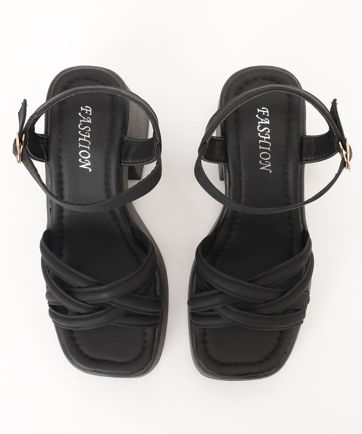 レザー調 クロス ストラップ プラットフォーム 厚底 太ヒール サンダル