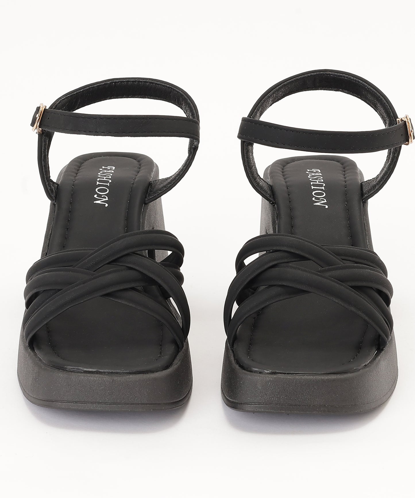 レザー調 クロス ストラップ プラットフォーム 厚底 太ヒール サンダル