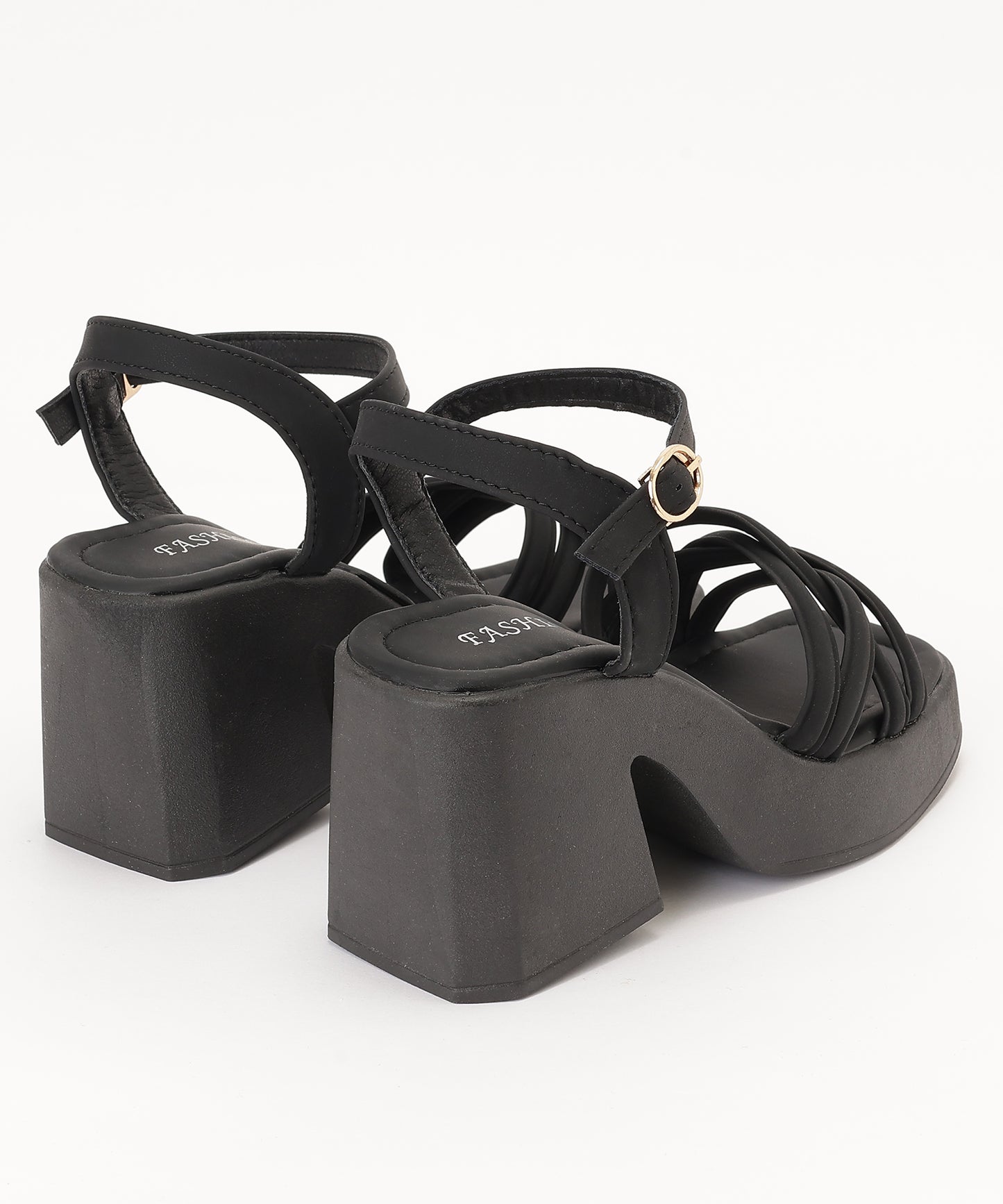 レザー調 クロス ストラップ プラットフォーム 厚底 太ヒール サンダル