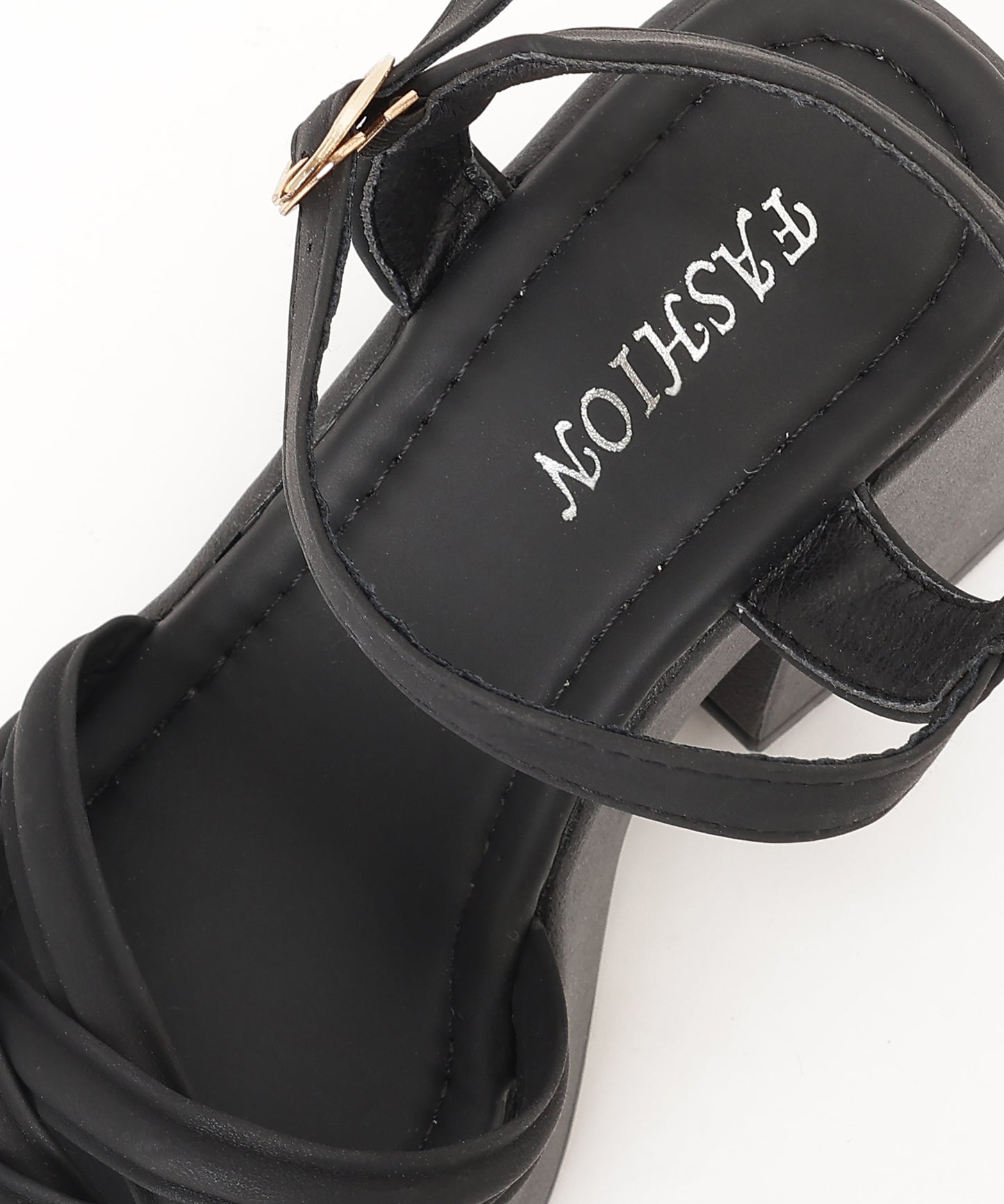 レザー調 クロス ストラップ プラットフォーム 厚底 太ヒール サンダル