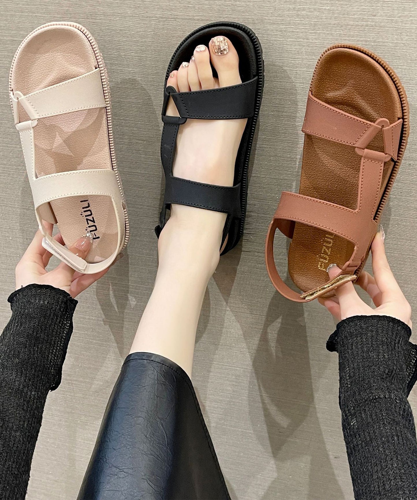 レザー調 ダブルベルト バックストラップ 厚底 スポーツ サンダル