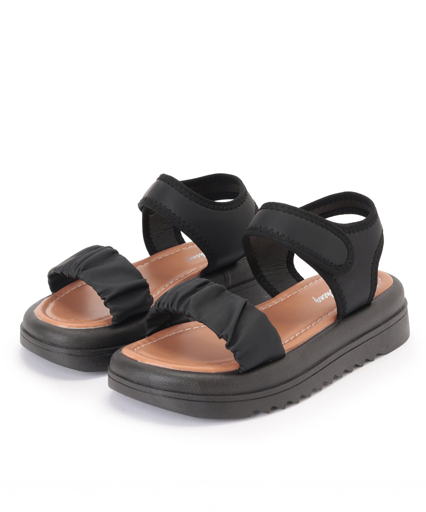 レザー調 ギャザー ストラップ 厚底 スポーツ サンダル