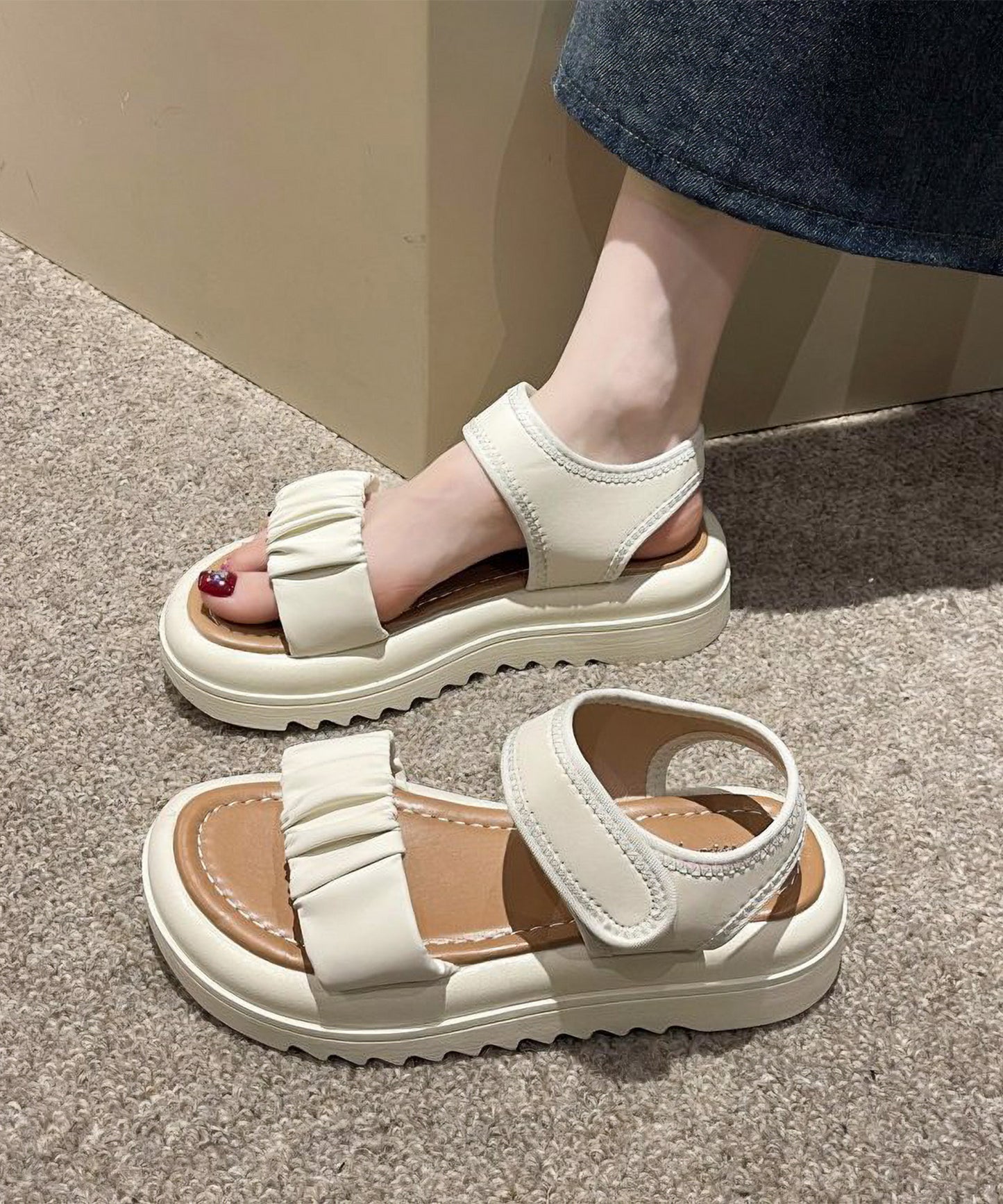 レザー調 ギャザー ストラップ 厚底 スポーツ サンダル