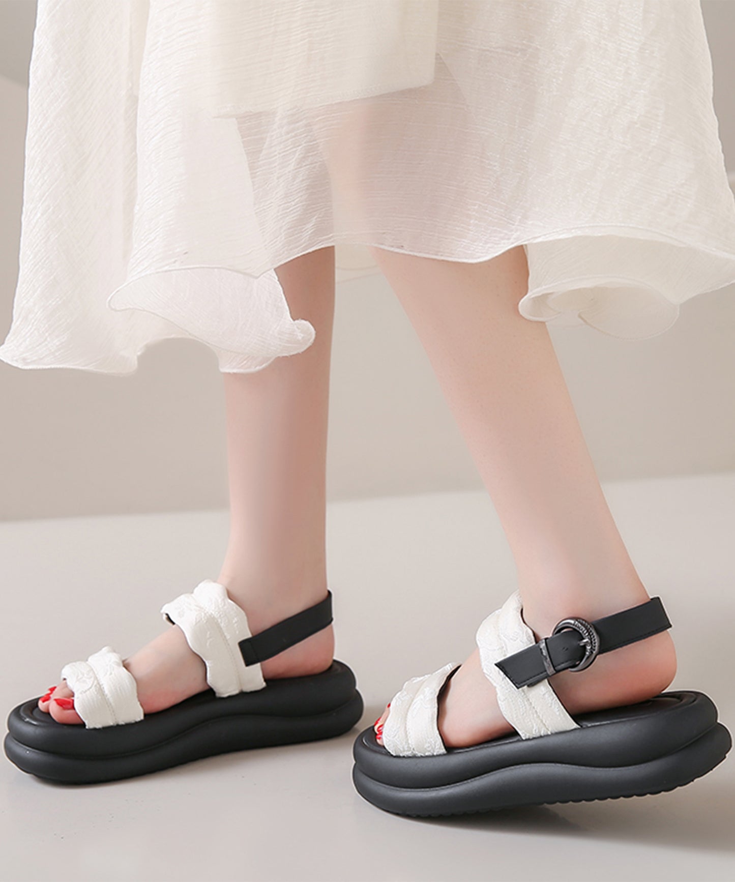 花柄 ウェーブ ダブルバンド バックストラップ 厚底 サンダル