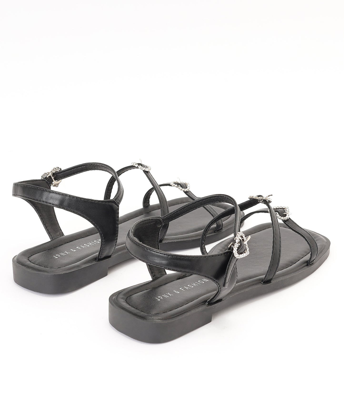 レザー調 ハート ビジュー ストラップ フラット サンダル