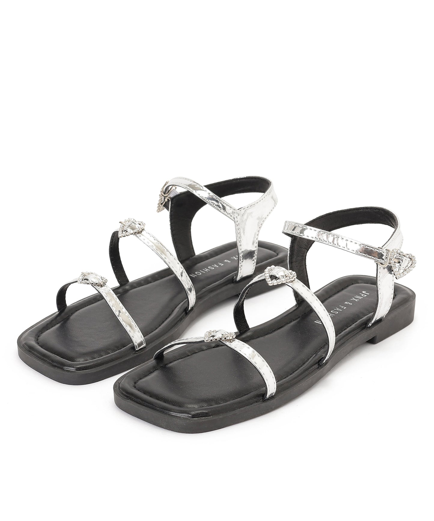 レザー調 ハート ビジュー ストラップ フラット サンダル