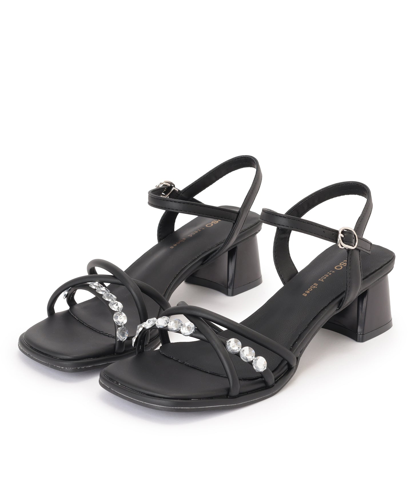 レザー調 ビジュー クロス チューブ ストラップ ヒール サンダル