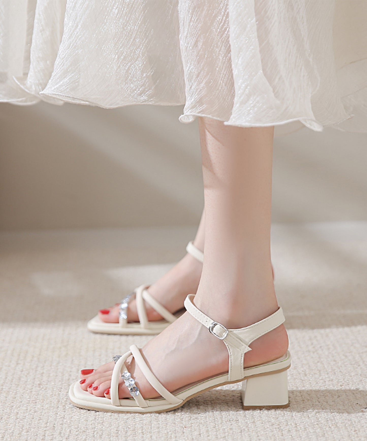 レザー調 ビジュー クロス チューブ ストラップ ヒール サンダル