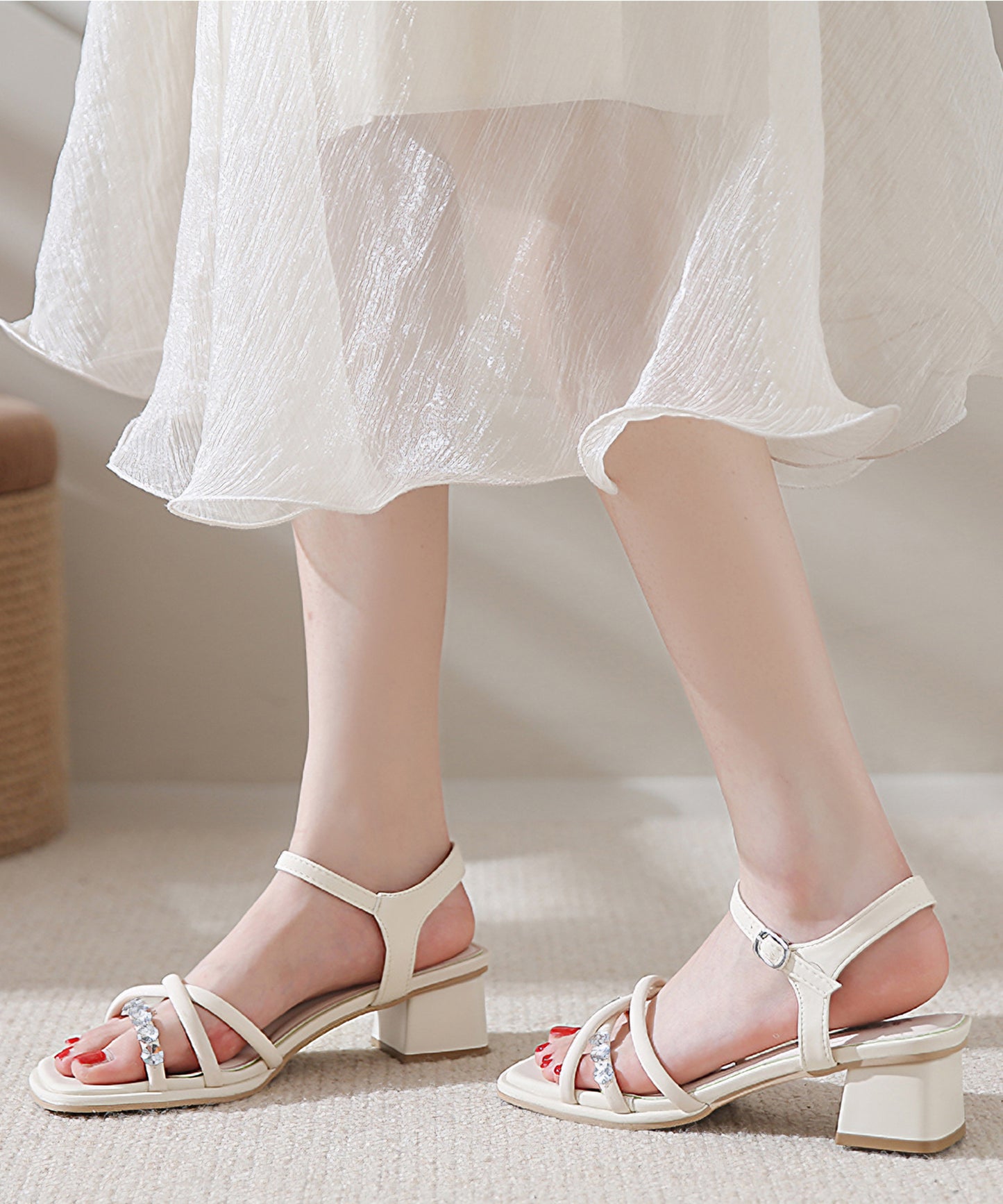 レザー調 ビジュー クロス チューブ ストラップ ヒール サンダル