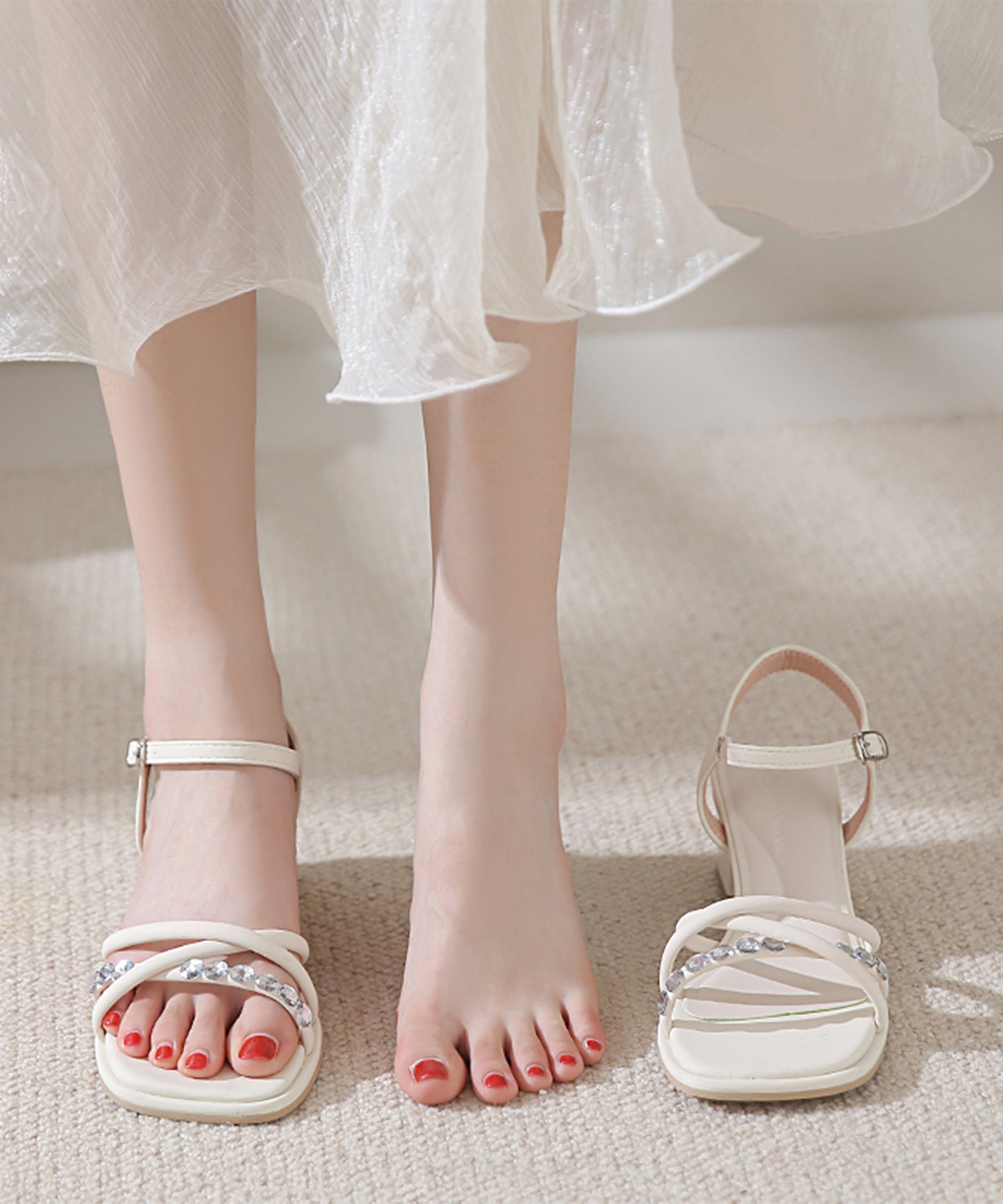 レザー調 ビジュー クロス チューブ ストラップ ヒール サンダル