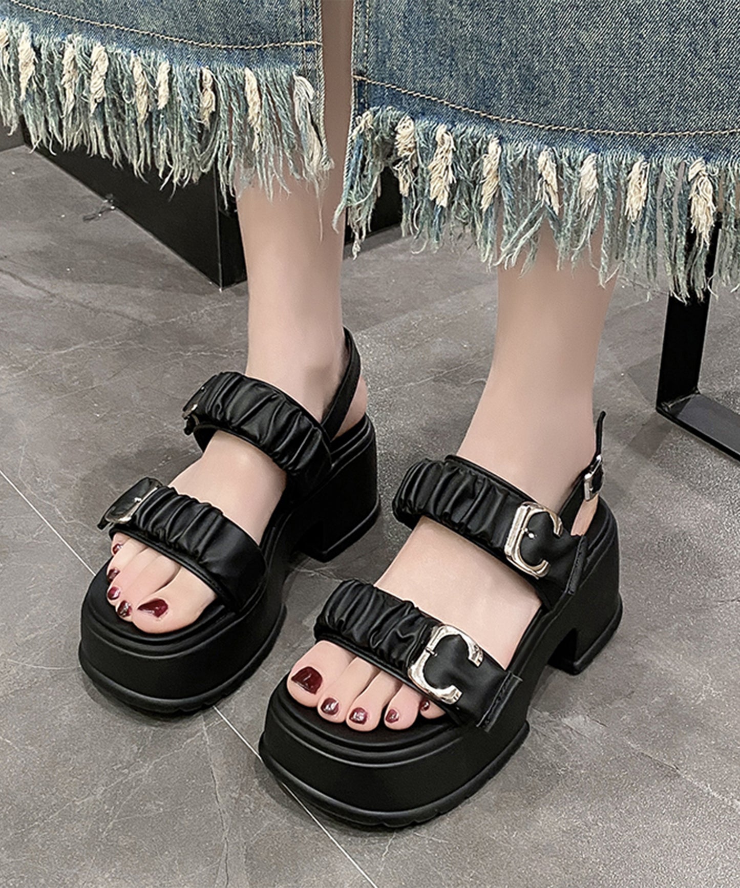 ギャザー ダブルベルト バックストラップ 厚底 サンダル
