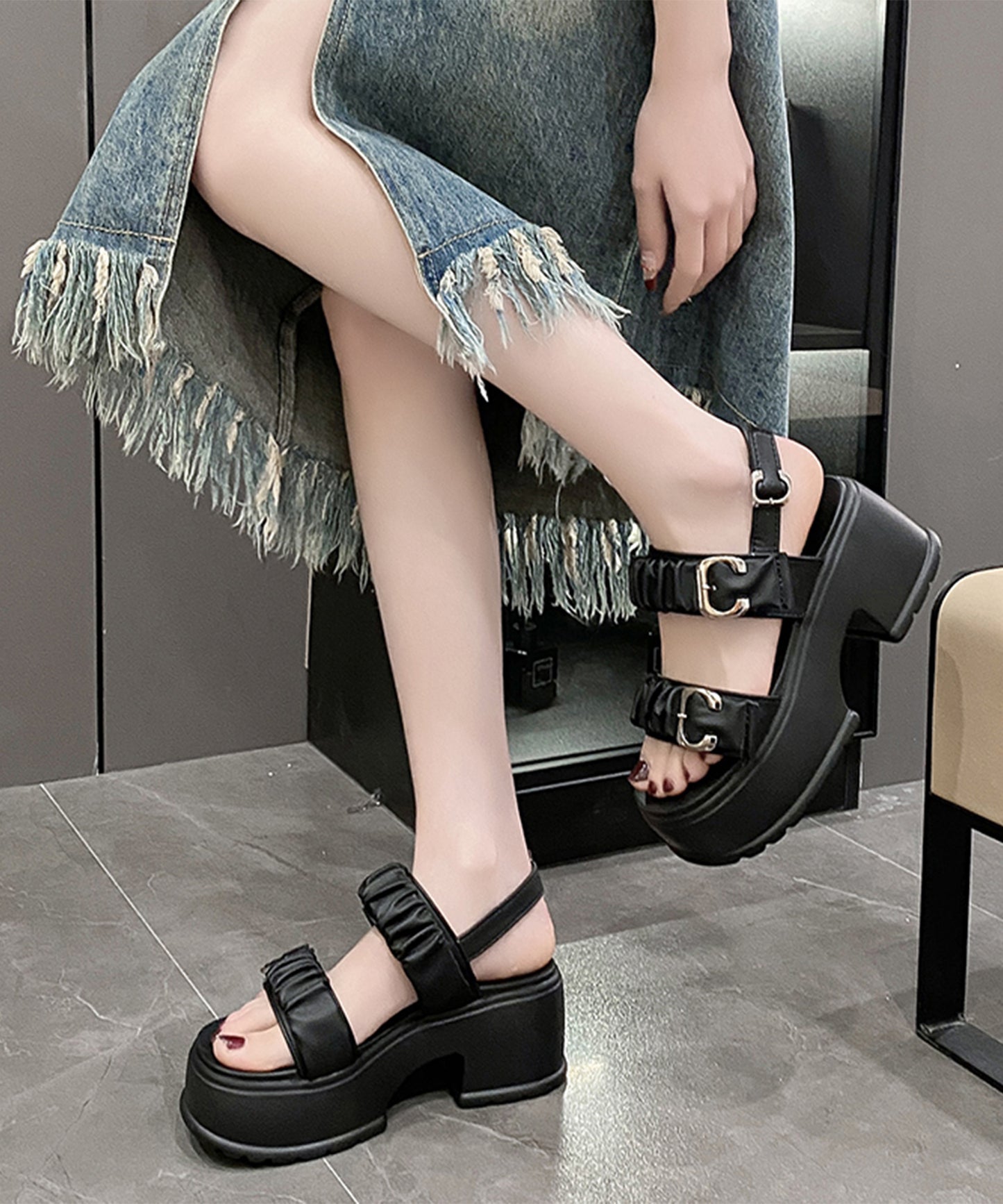 ギャザー ダブルベルト バックストラップ 厚底 サンダル