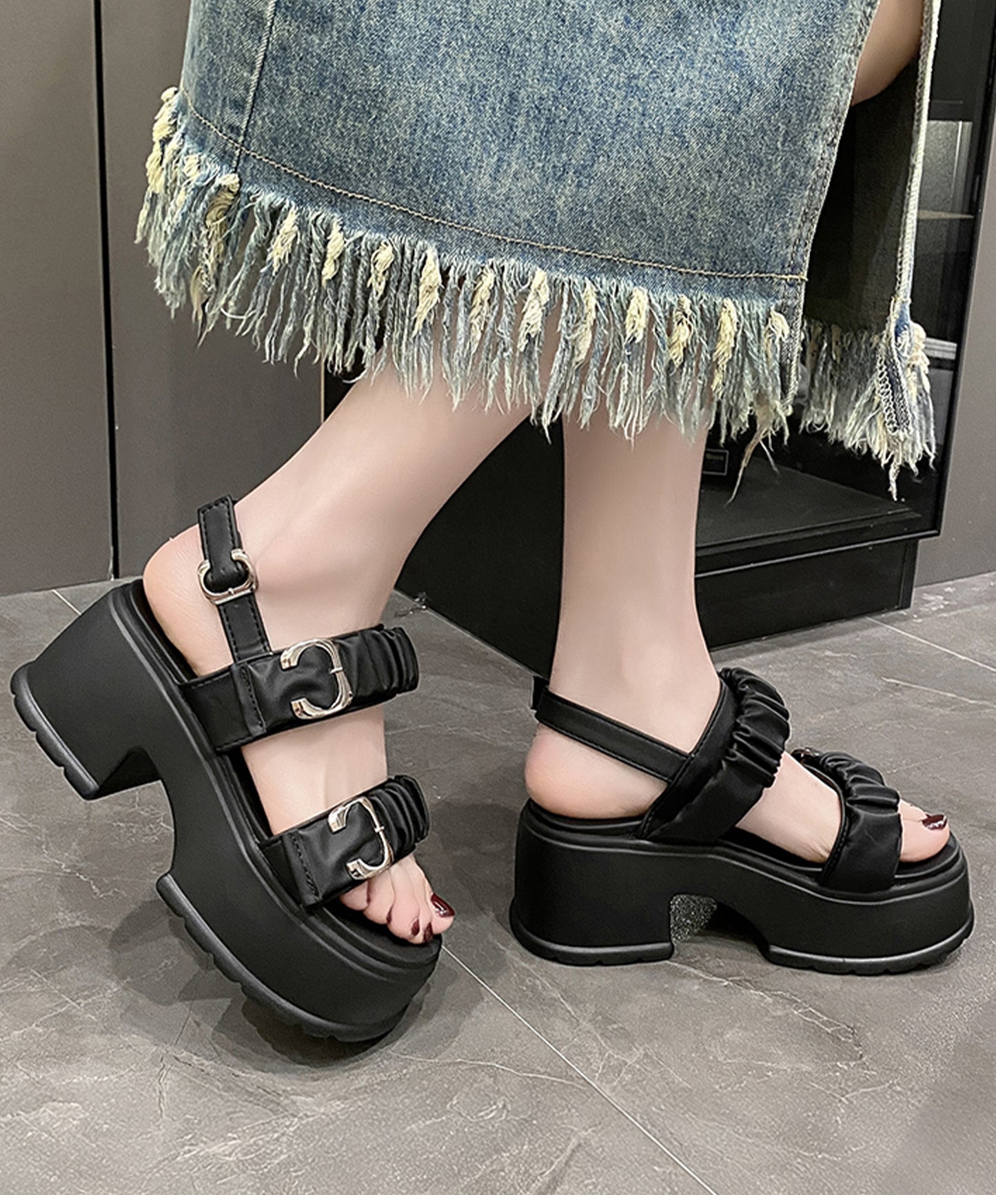 ギャザー ダブルベルト バックストラップ 厚底 サンダル