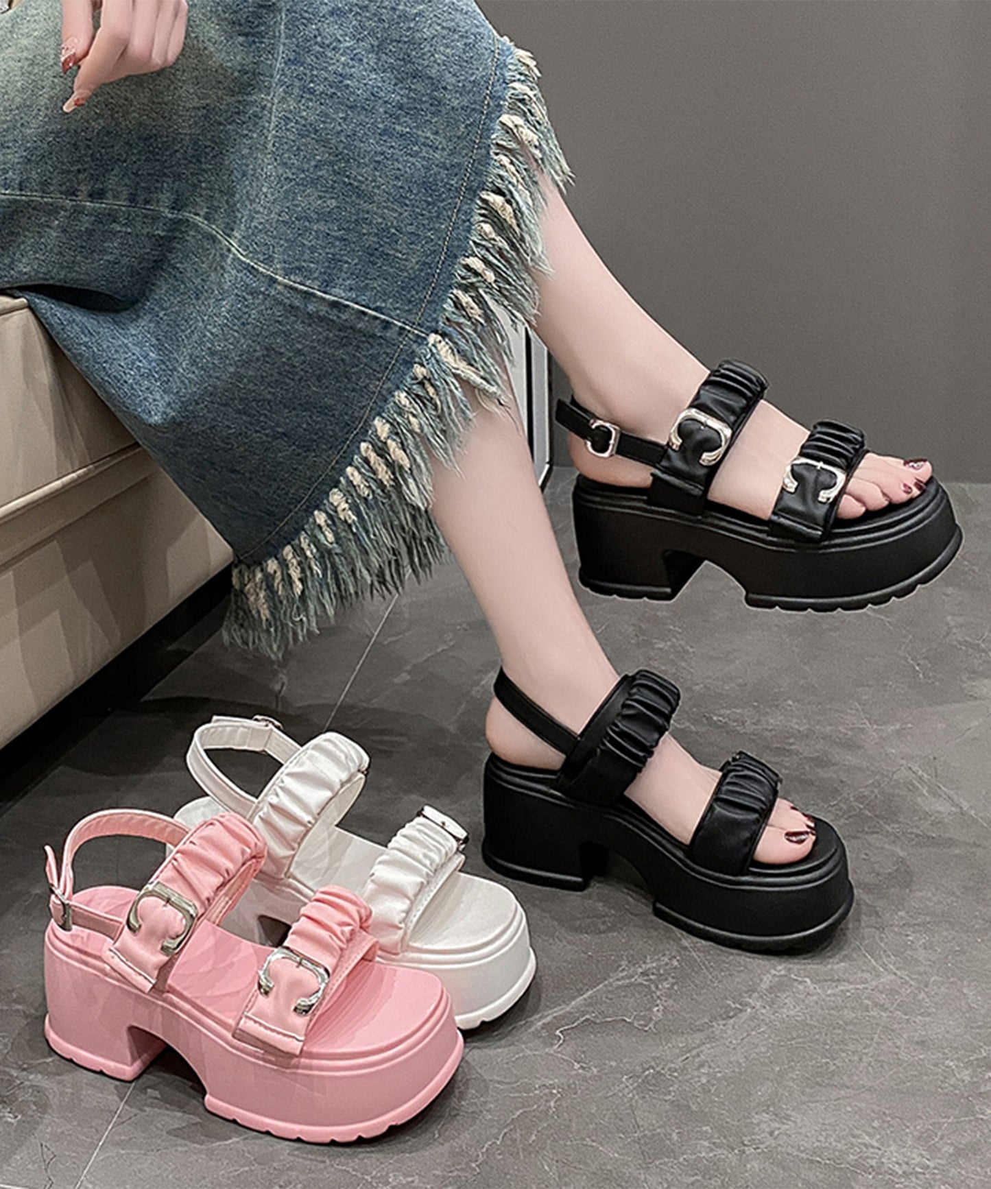 ギャザー ダブルベルト バックストラップ 厚底 サンダル