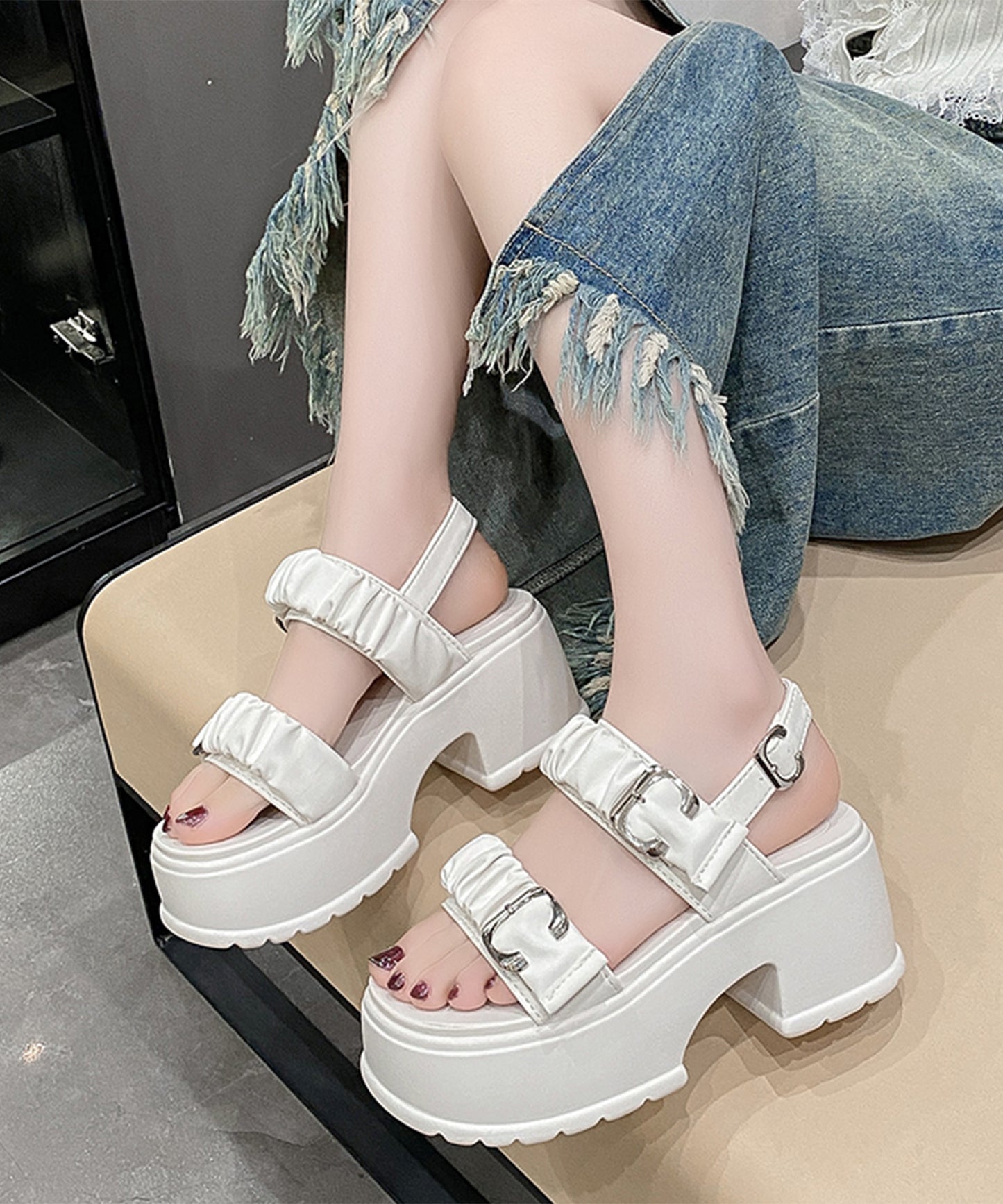 ギャザー ダブルベルト バックストラップ 厚底 サンダル