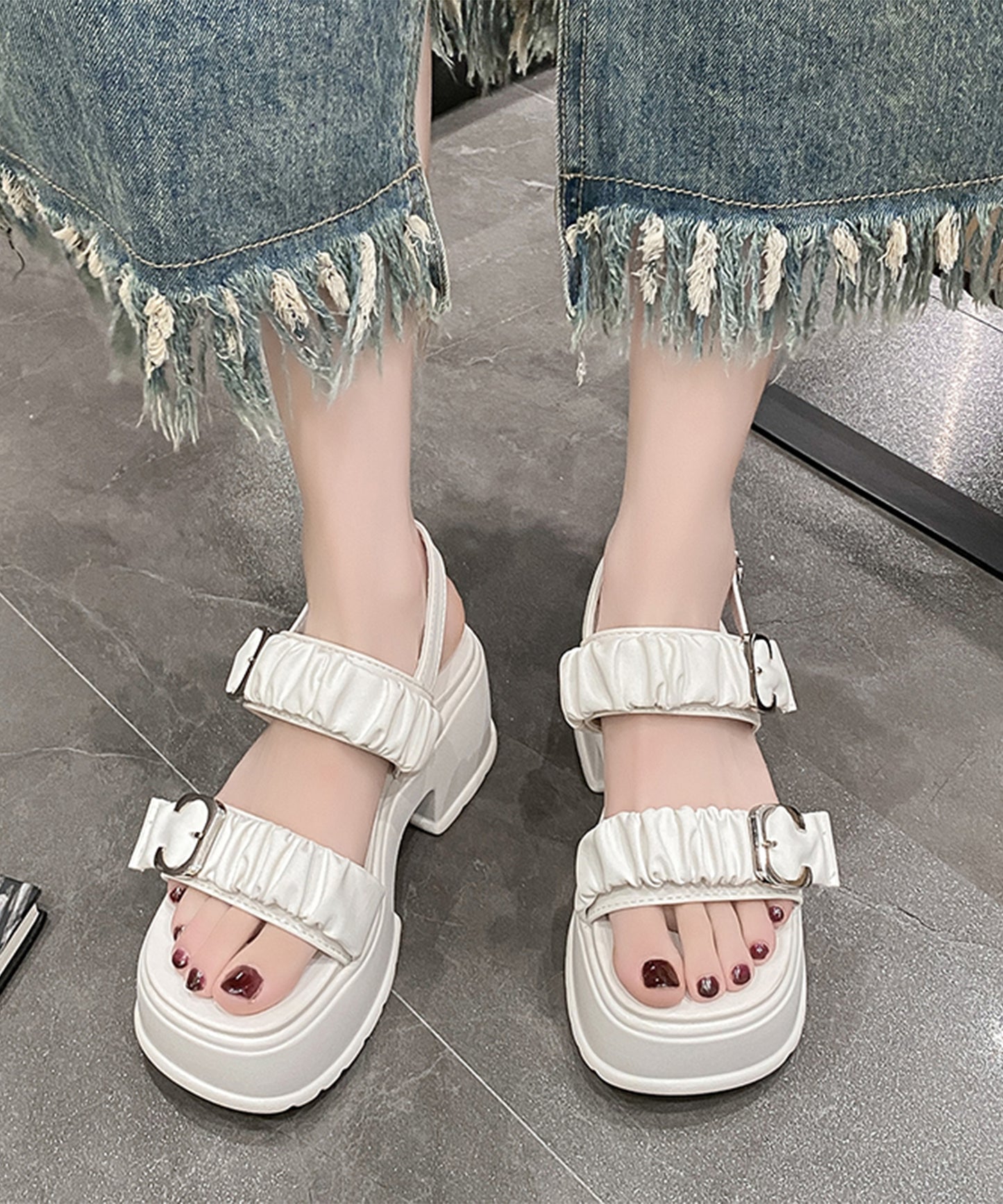 ギャザー ダブルベルト バックストラップ 厚底 サンダル