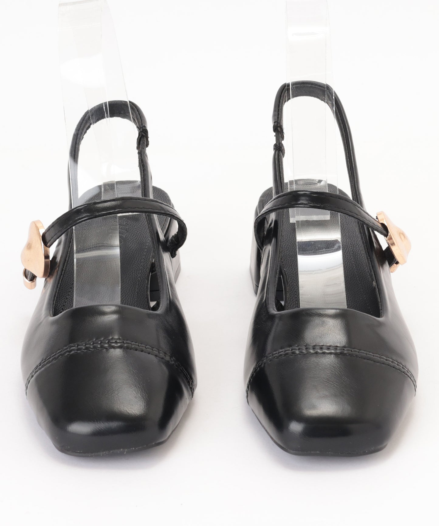 レザー調 メタルモチーフ スクエアトゥ バックストラップ ヒール サンダル