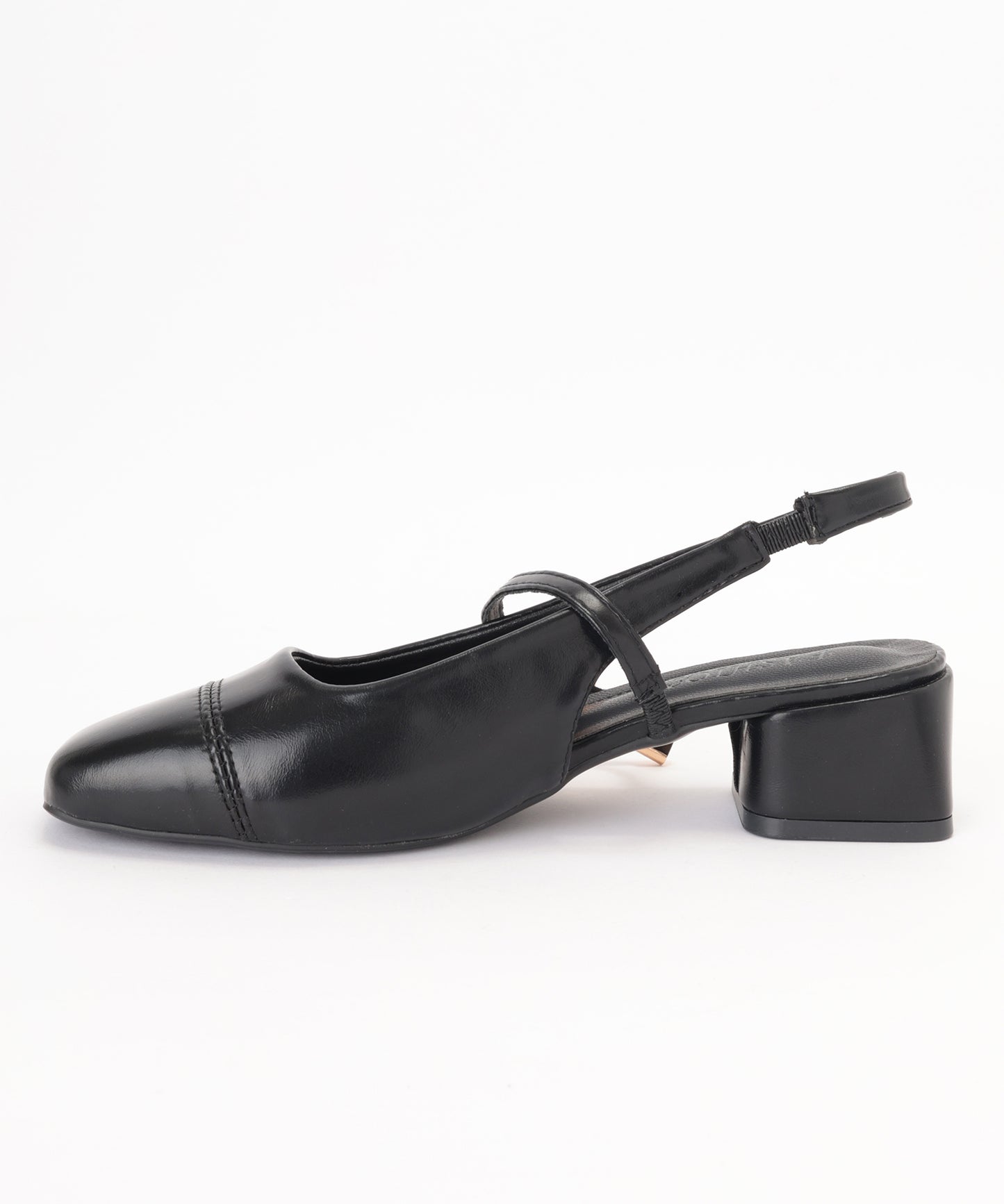 レザー調 メタルモチーフ スクエアトゥ バックストラップ ヒール サンダル