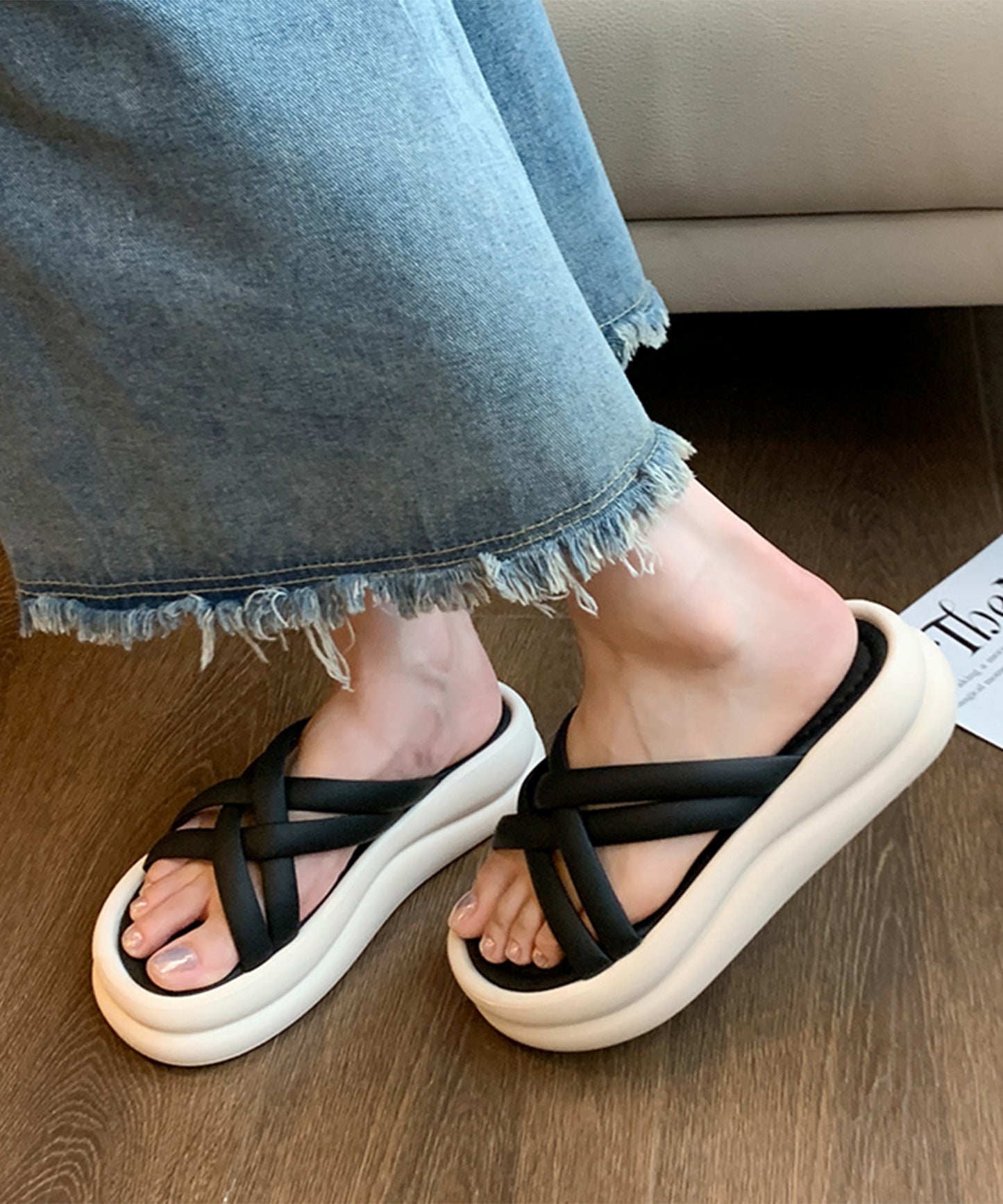 チューブ クロス ストラップ 厚底 スライド サンダル