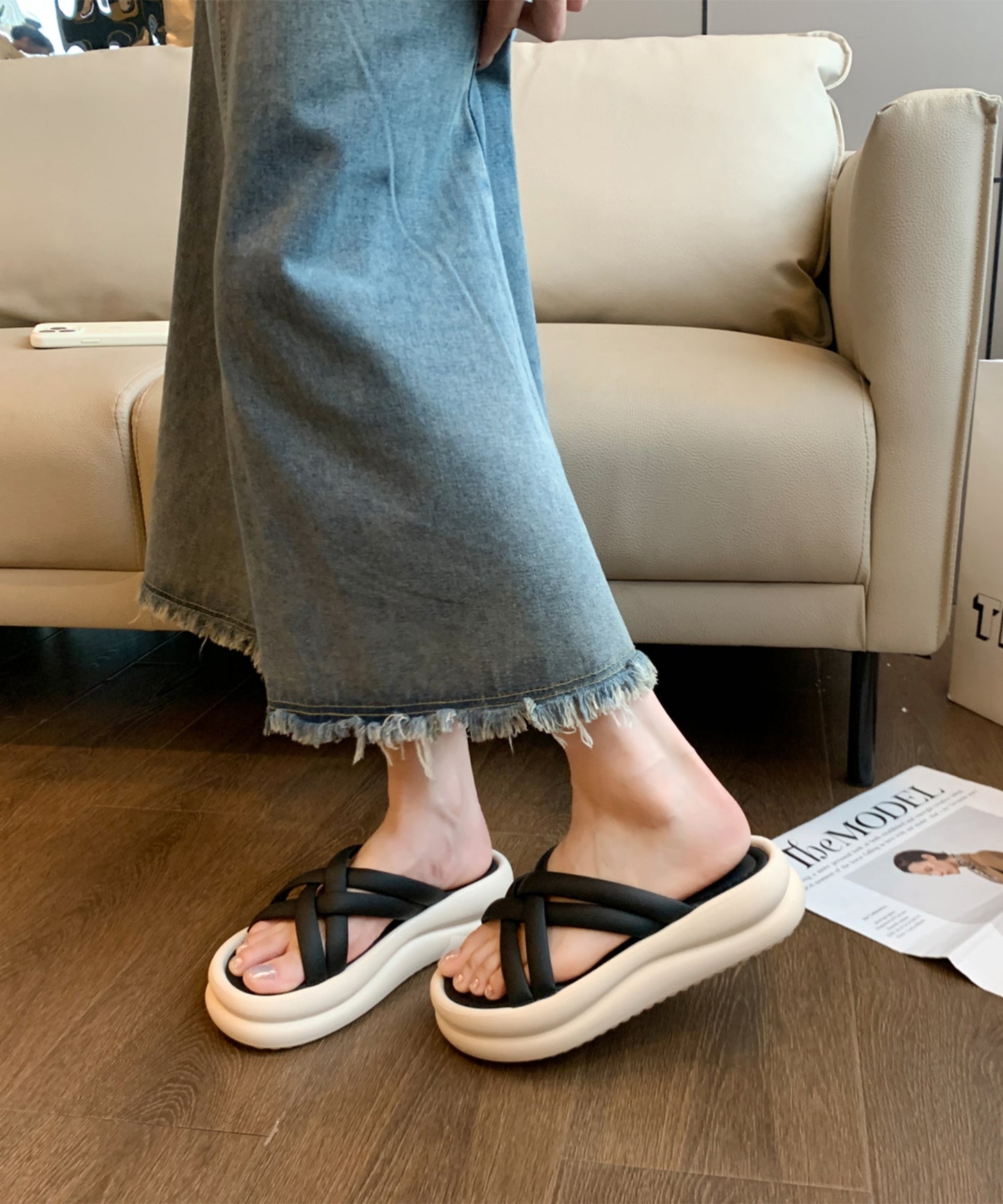 チューブ クロス ストラップ 厚底 スライド サンダル