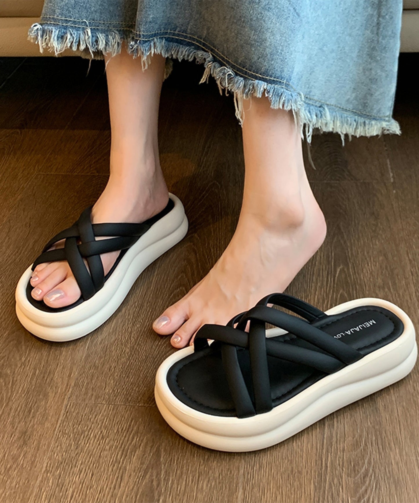 チューブ クロス ストラップ 厚底 スライド サンダル