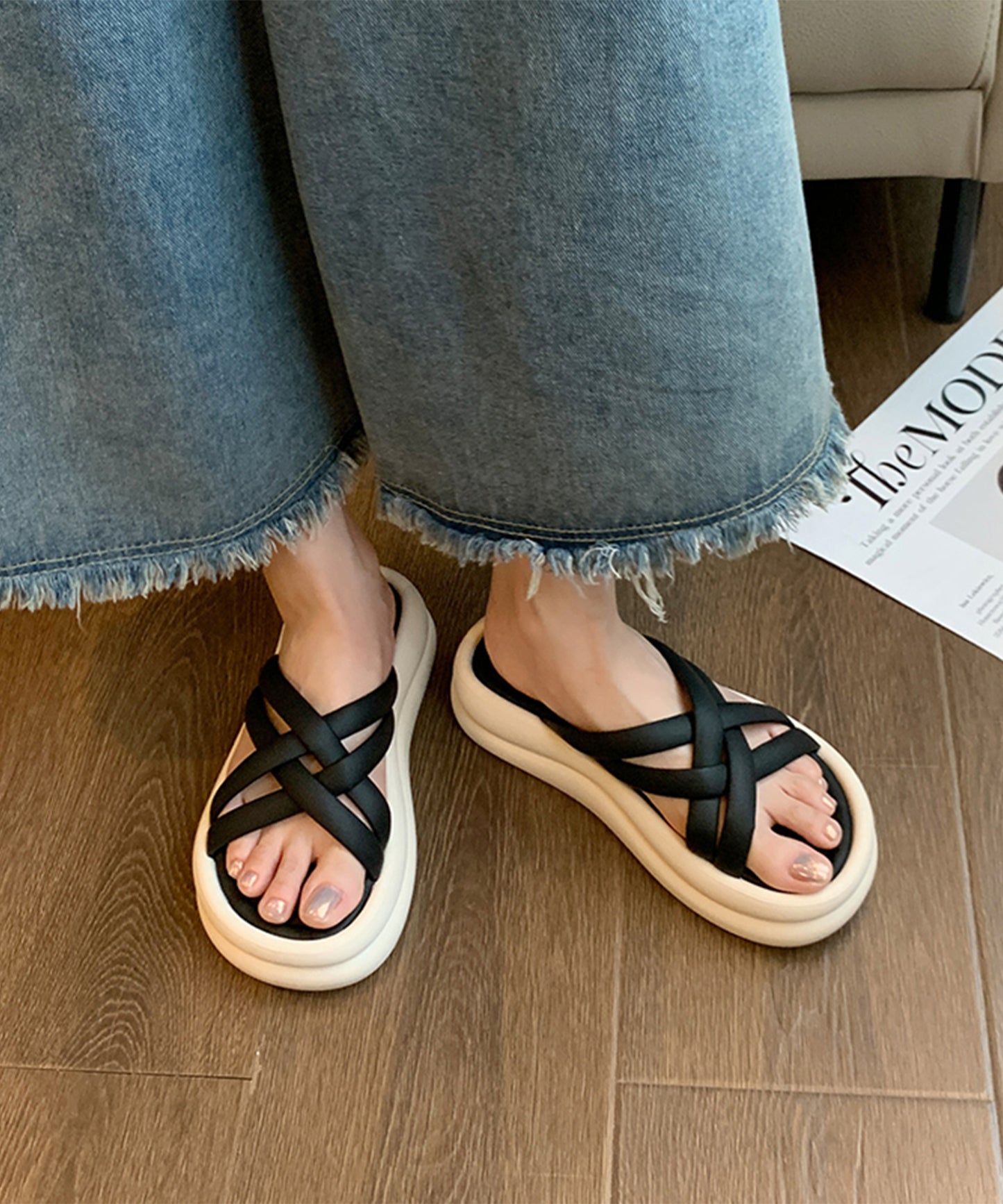 チューブ クロス ストラップ 厚底 スライド サンダル
