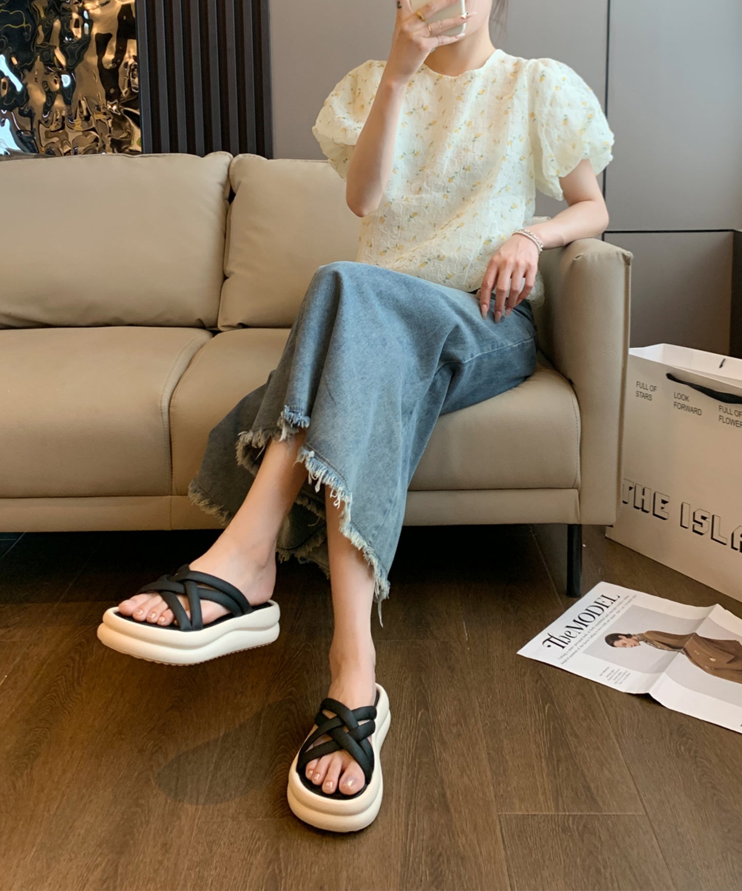 チューブ クロス ストラップ 厚底 スライド サンダル