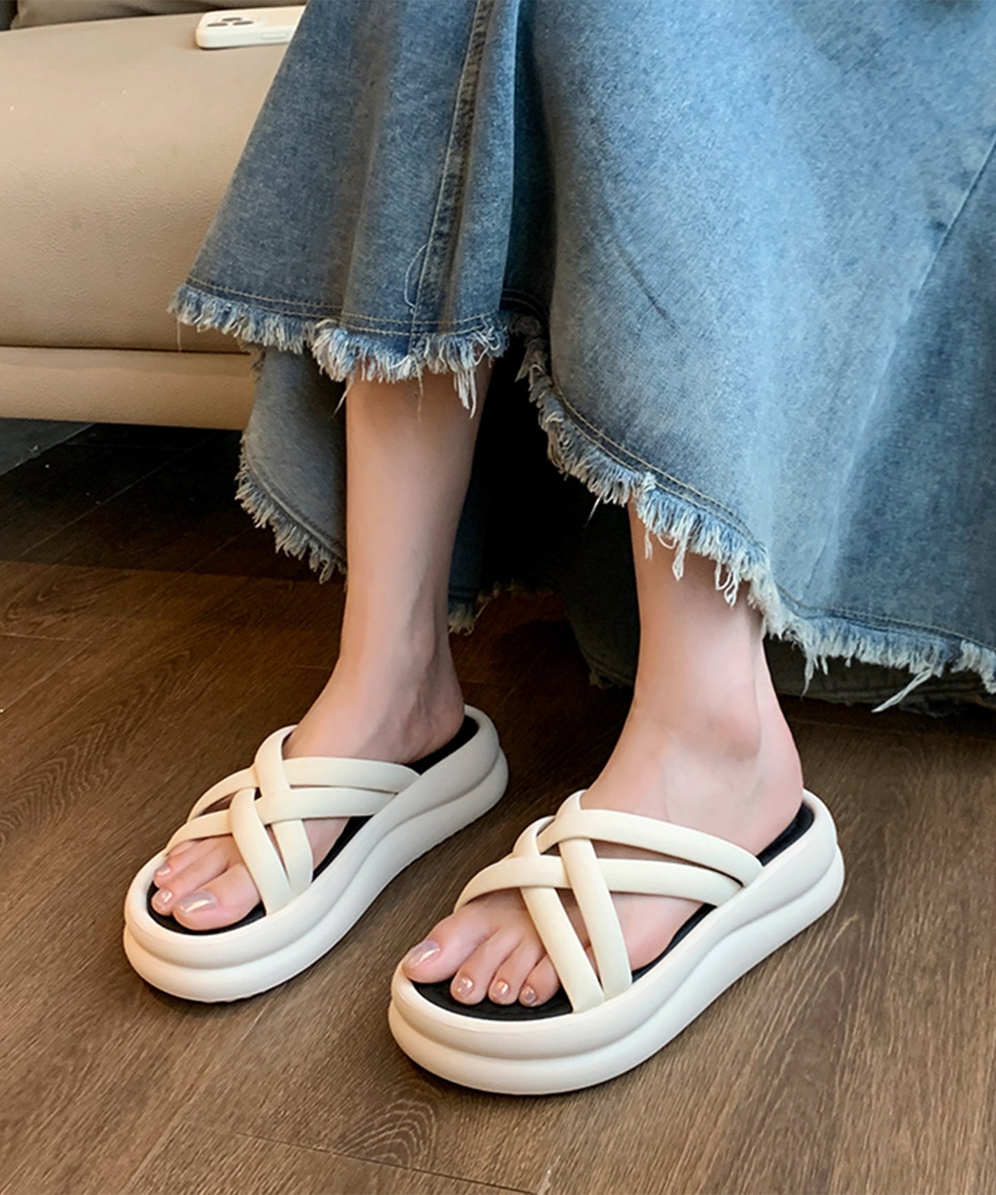 チューブ クロス ストラップ 厚底 スライド サンダル
