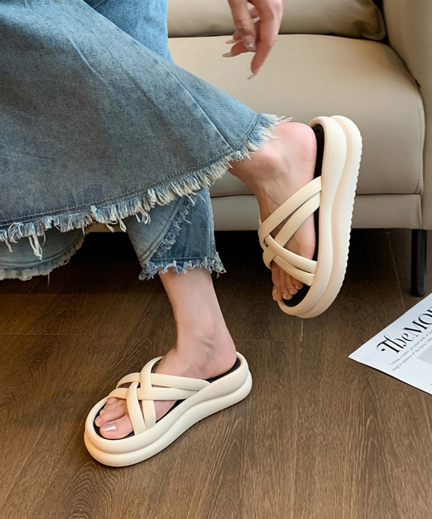 チューブ クロス ストラップ 厚底 スライド サンダル