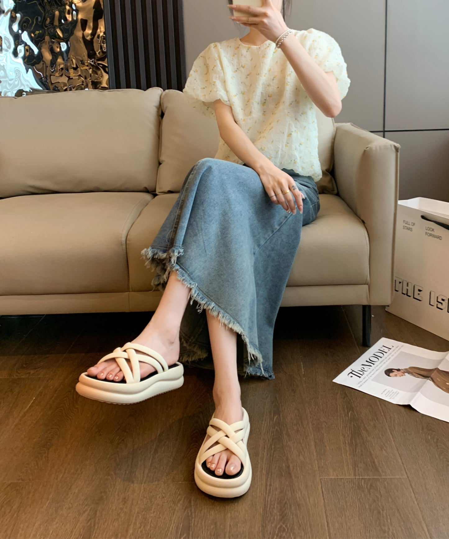 チューブ クロス ストラップ 厚底 スライド サンダル