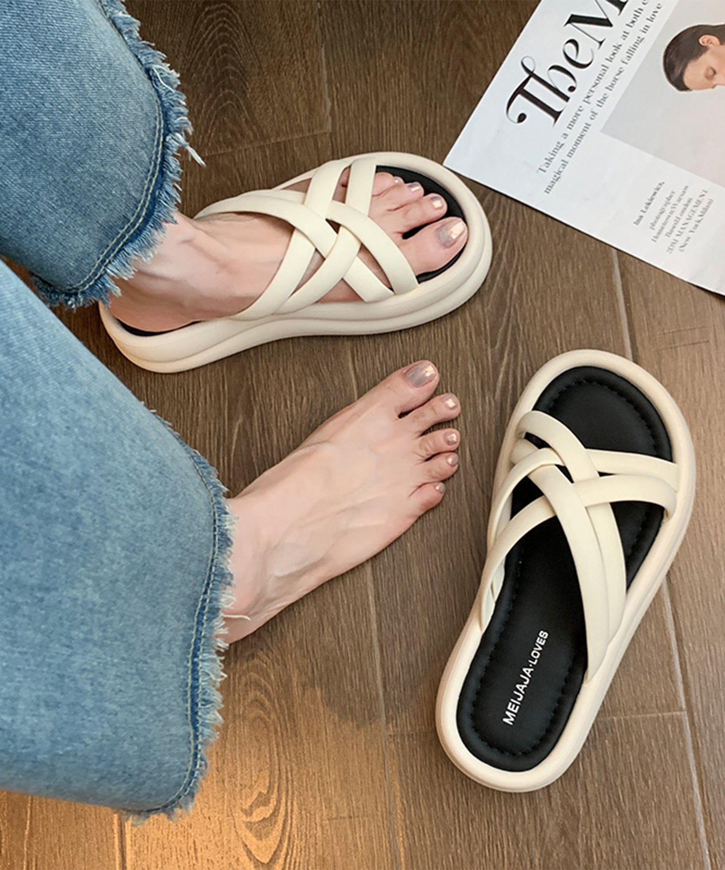 チューブ クロス ストラップ 厚底 スライド サンダル