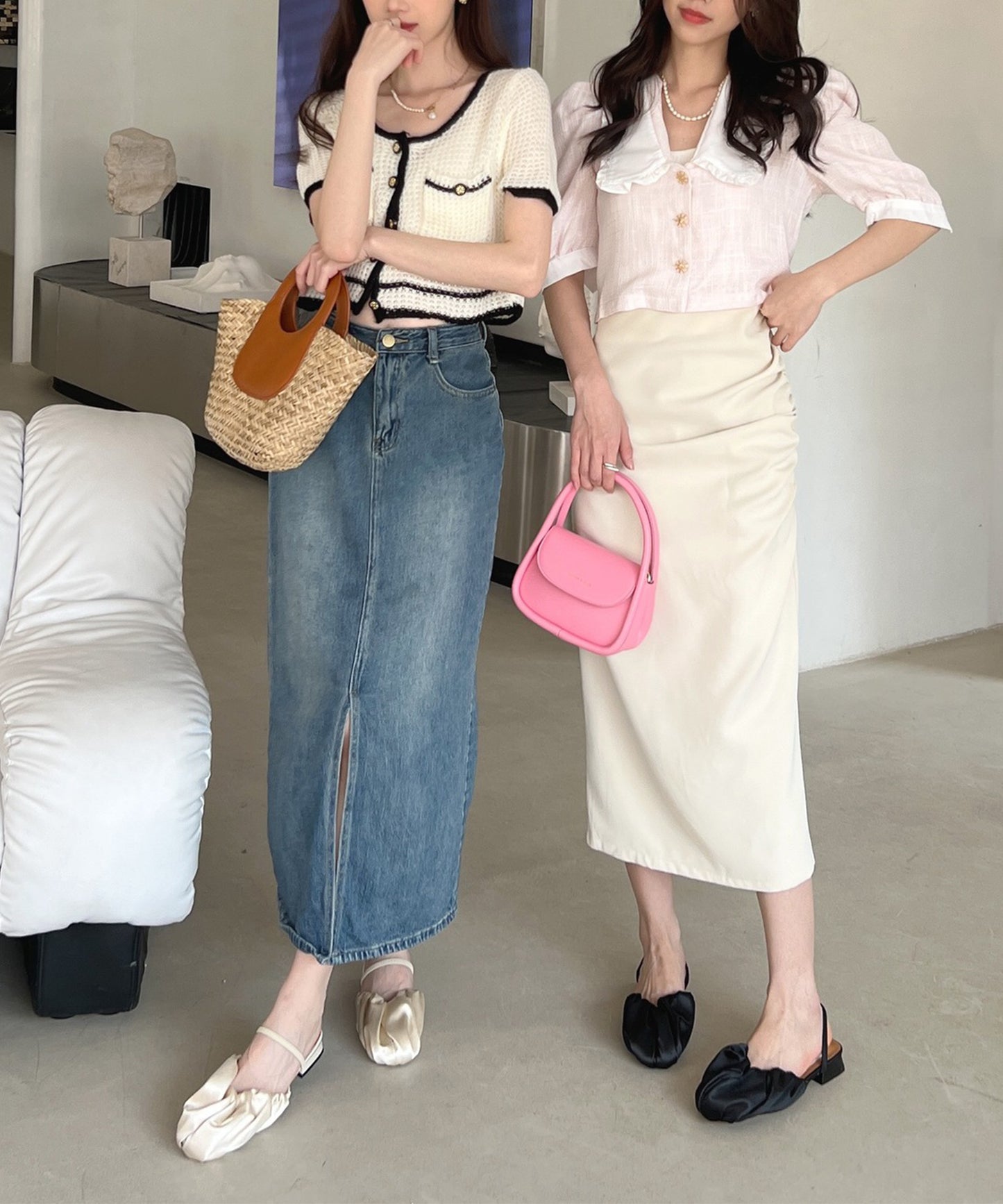 ラウンドトゥ ギャザー アンクルストラップ付き フラット ミュール