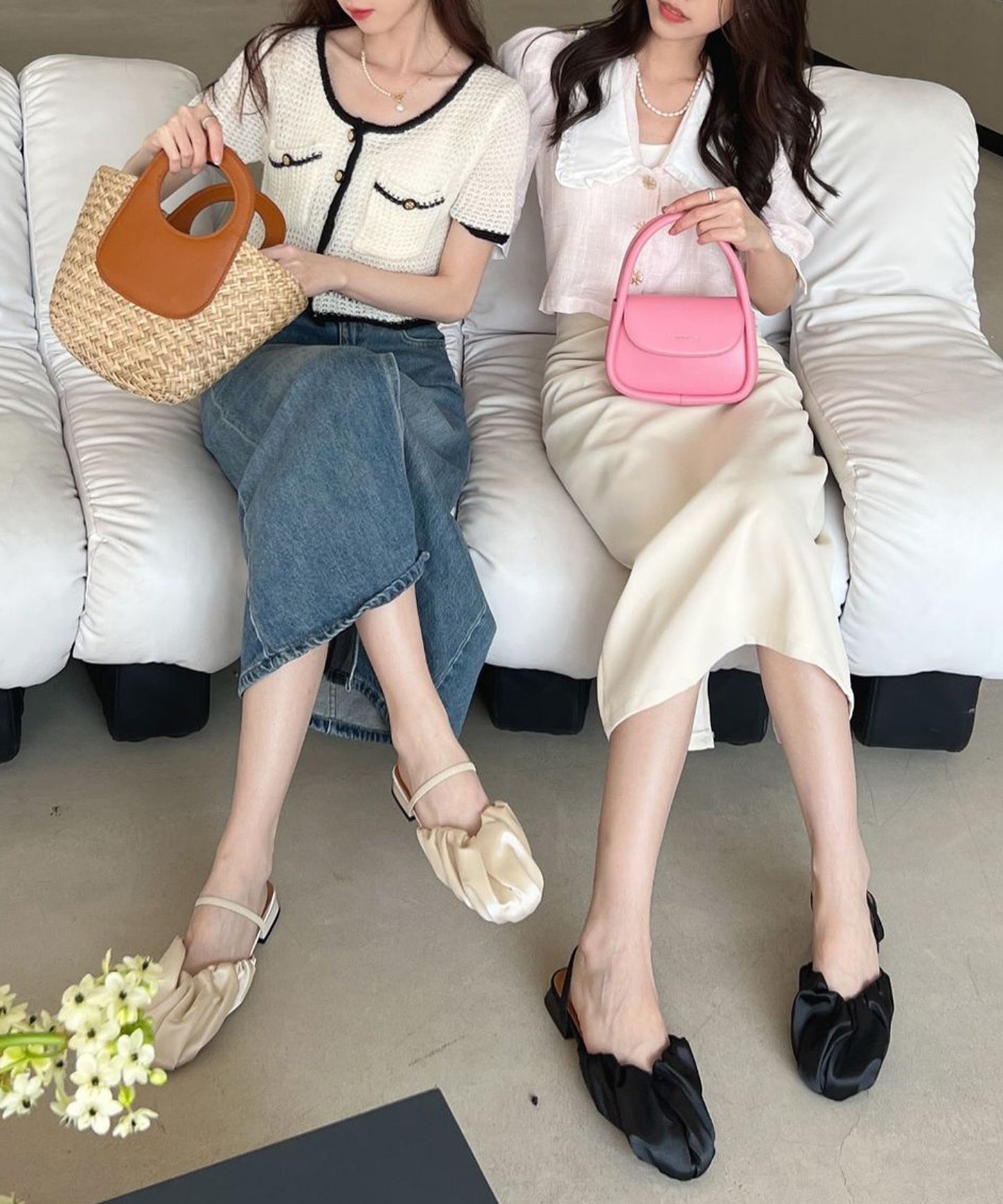 ラウンドトゥ ギャザー アンクルストラップ付き フラット ミュール