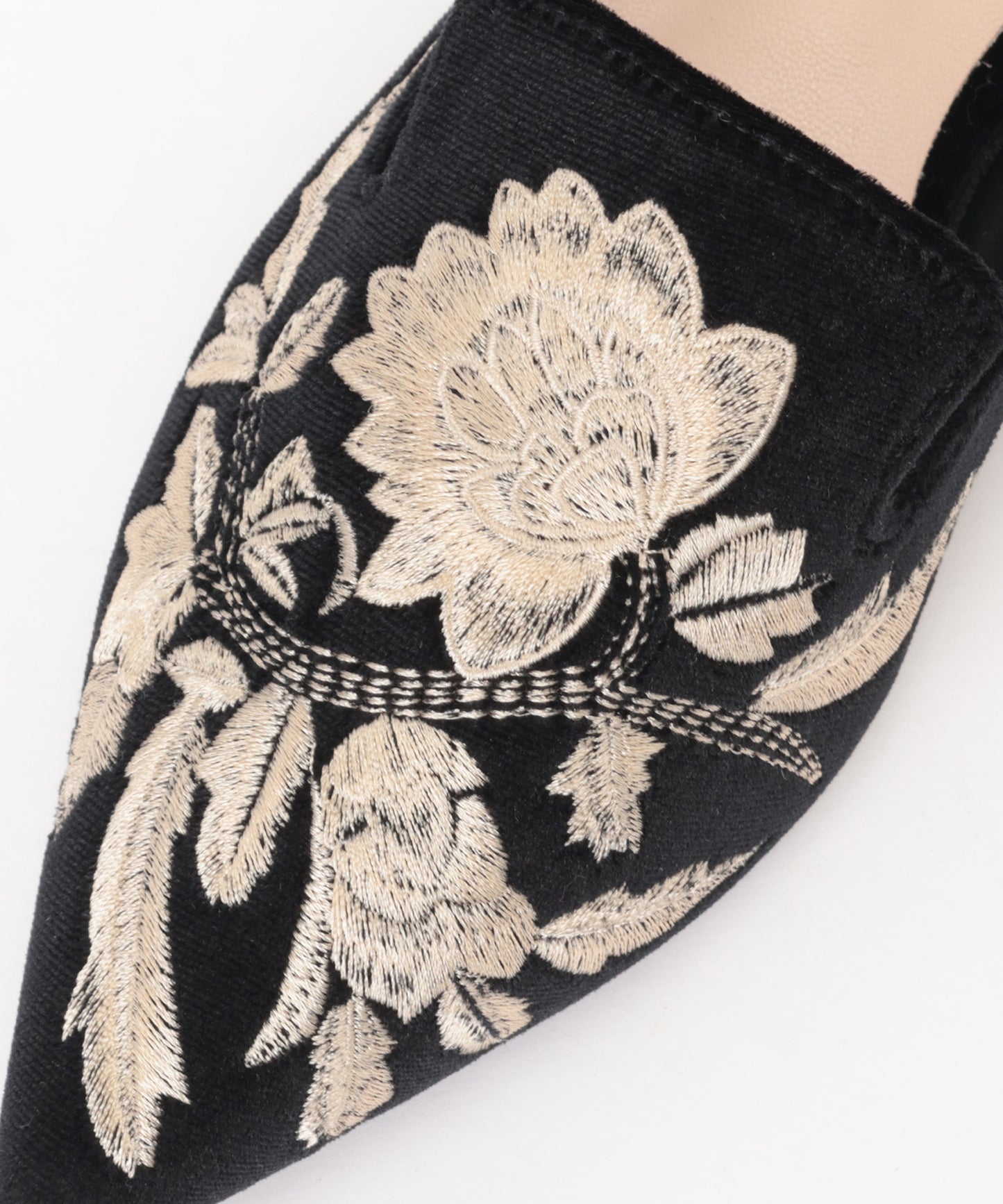 ベロア調 フラワー 刺繍 ポインテッドトゥ ミュール サンダル