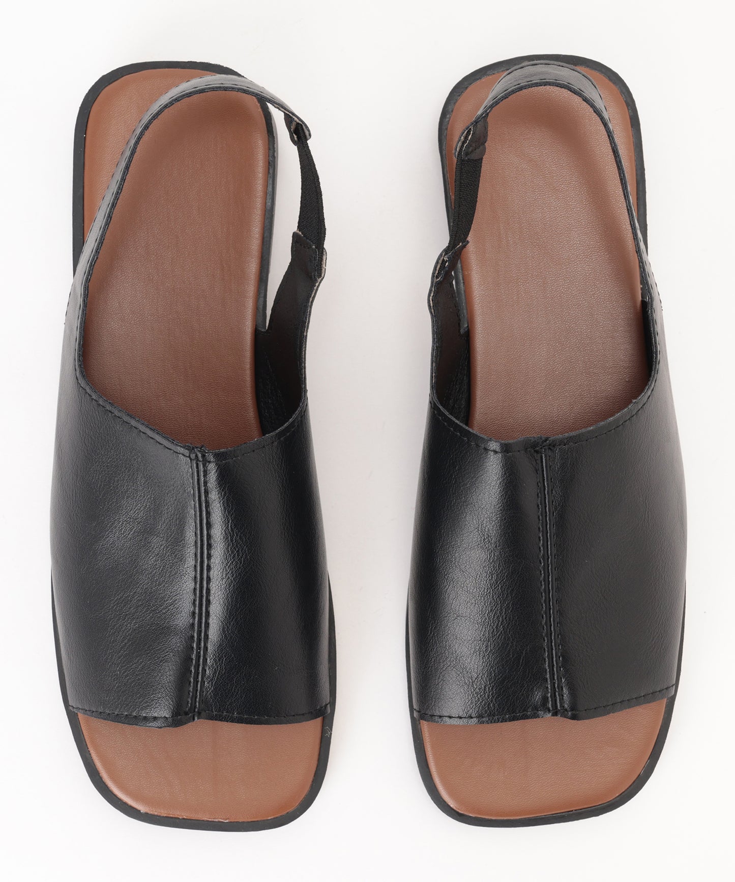 スクエアトゥ フロントステッチ バックストラップ付き フラット サンダル