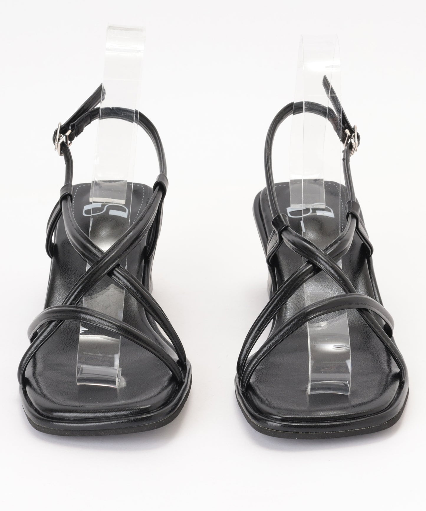 レザー調 アシンメトリー クロス バックストラップ ヒール サンダル