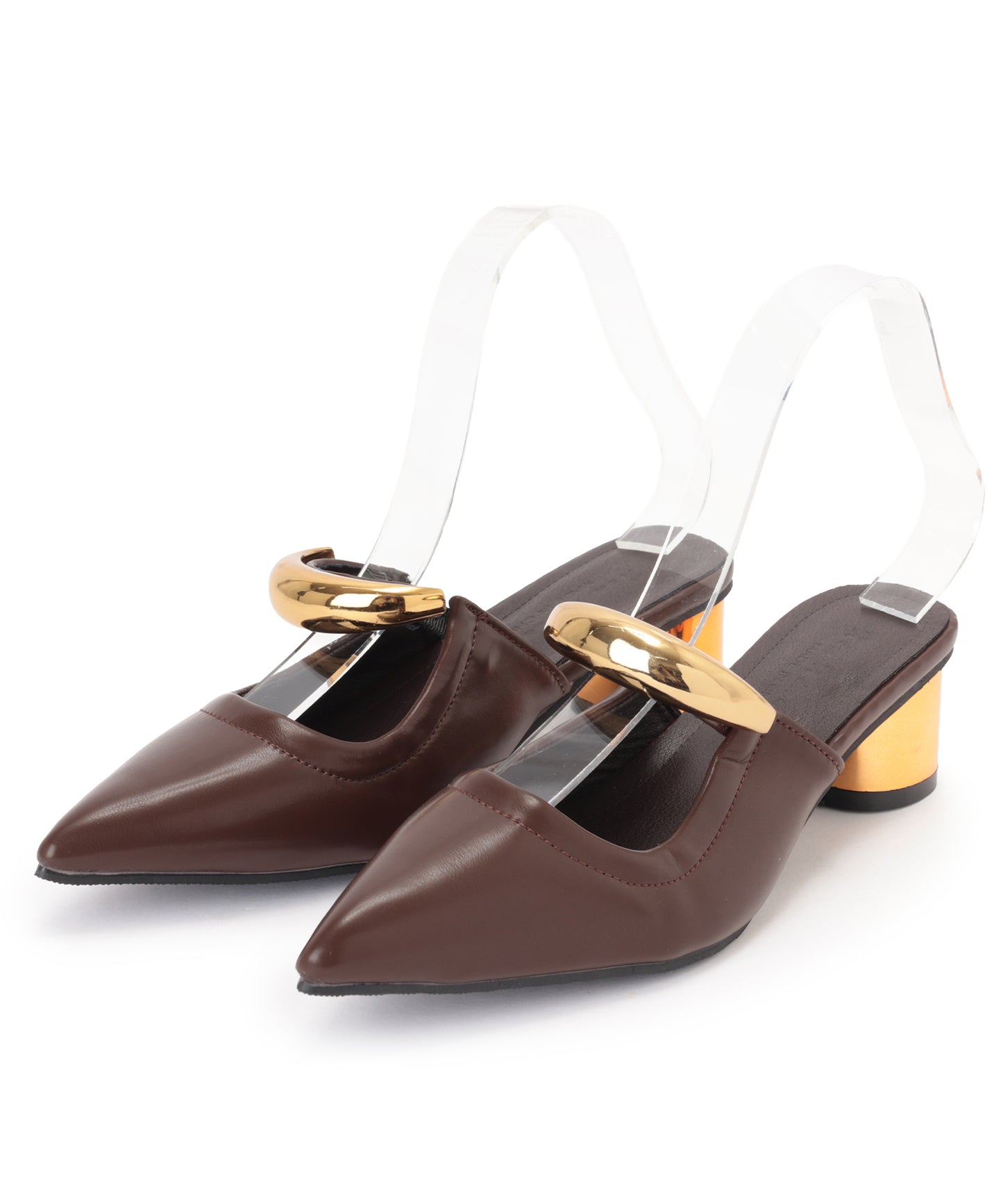 ゴールド メタル ストラップ ポインテッドトゥ ミュール ヒール サンダル