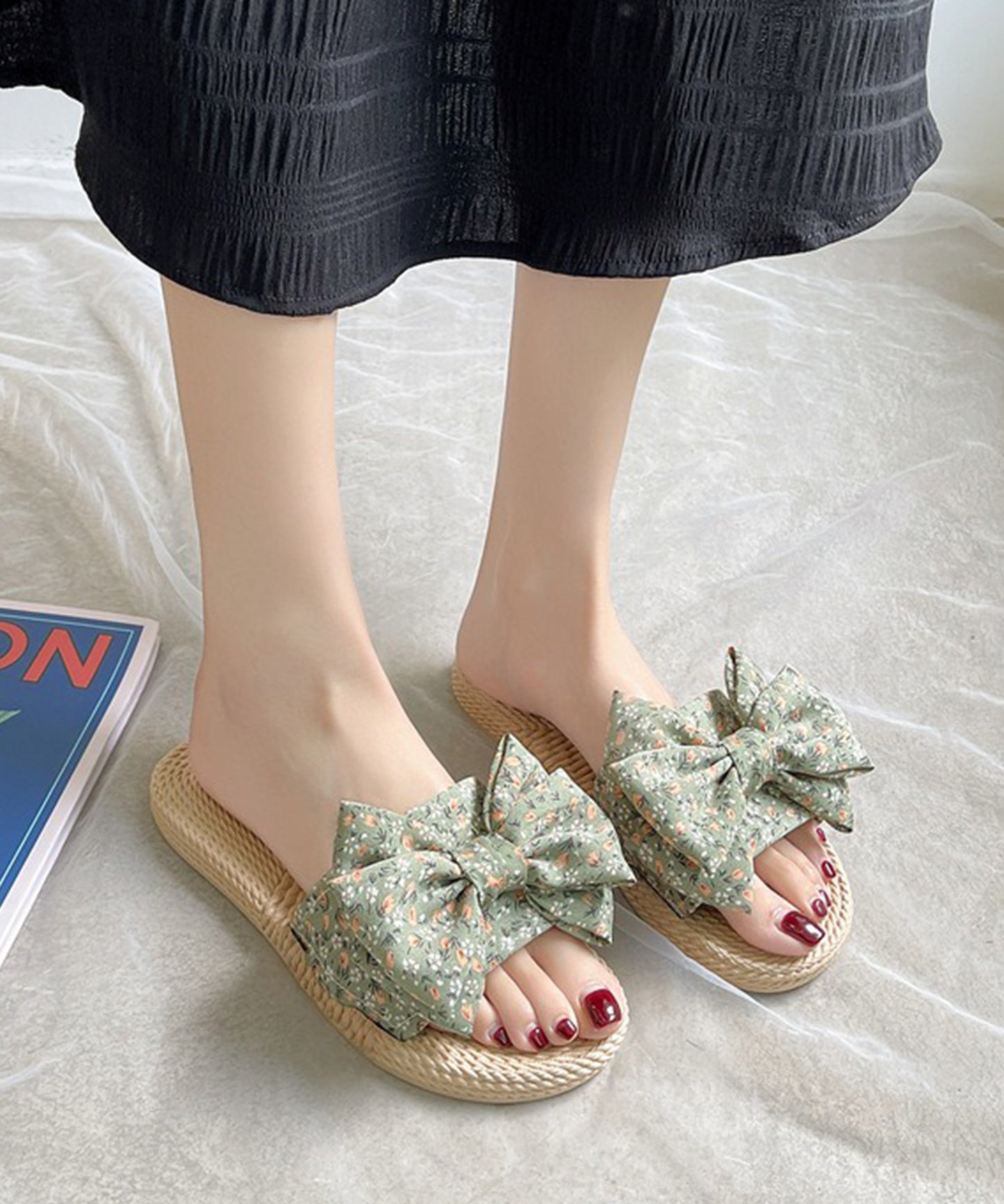 花柄 リボン エスパドリーユ風 フラット サンダル