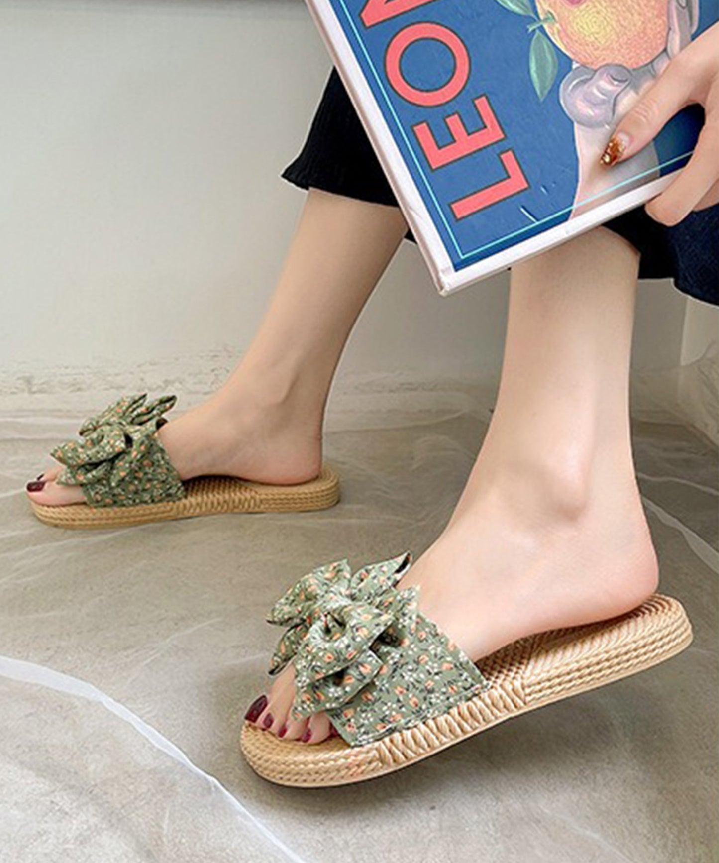 花柄 リボン エスパドリーユ風 フラット サンダル