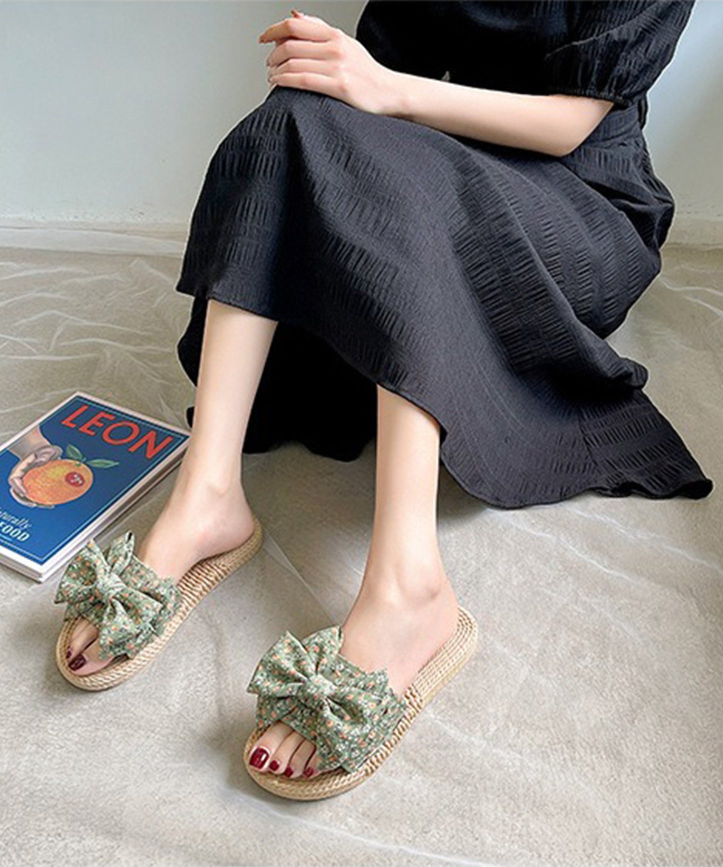 花柄 リボン エスパドリーユ風 フラット サンダル