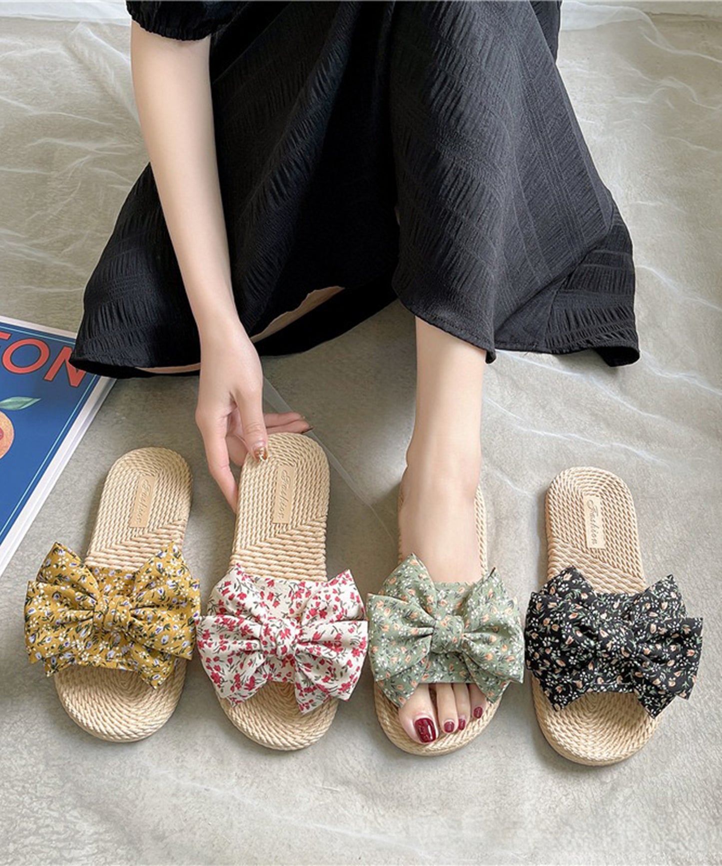 花柄 リボン エスパドリーユ風 フラット サンダル