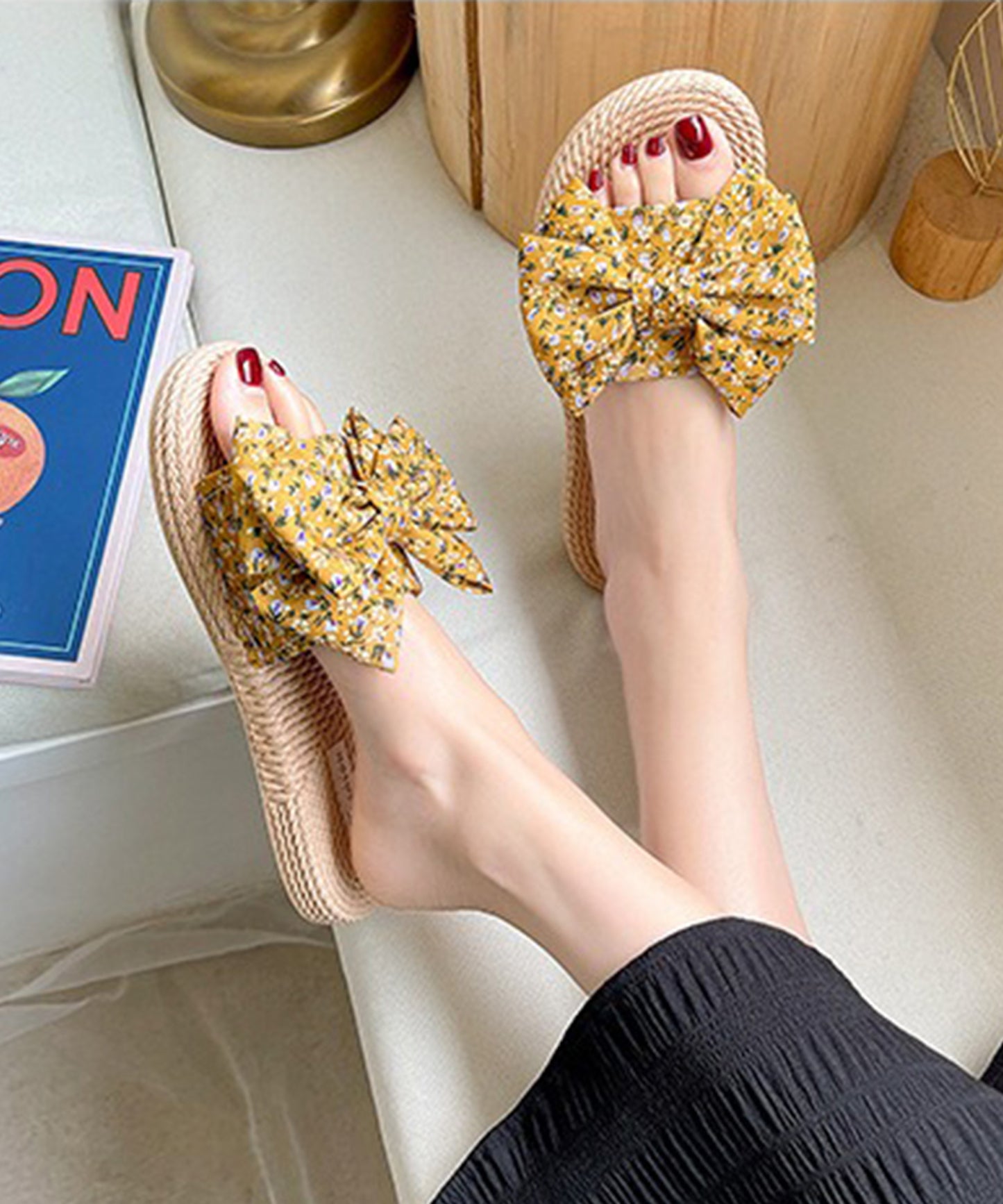 花柄 リボン エスパドリーユ風 フラット サンダル