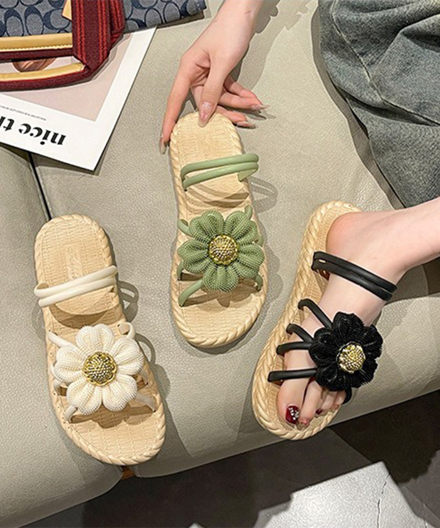2WAY ビッグ フラワー ストラップ エスパドリーユ風 サンダル
