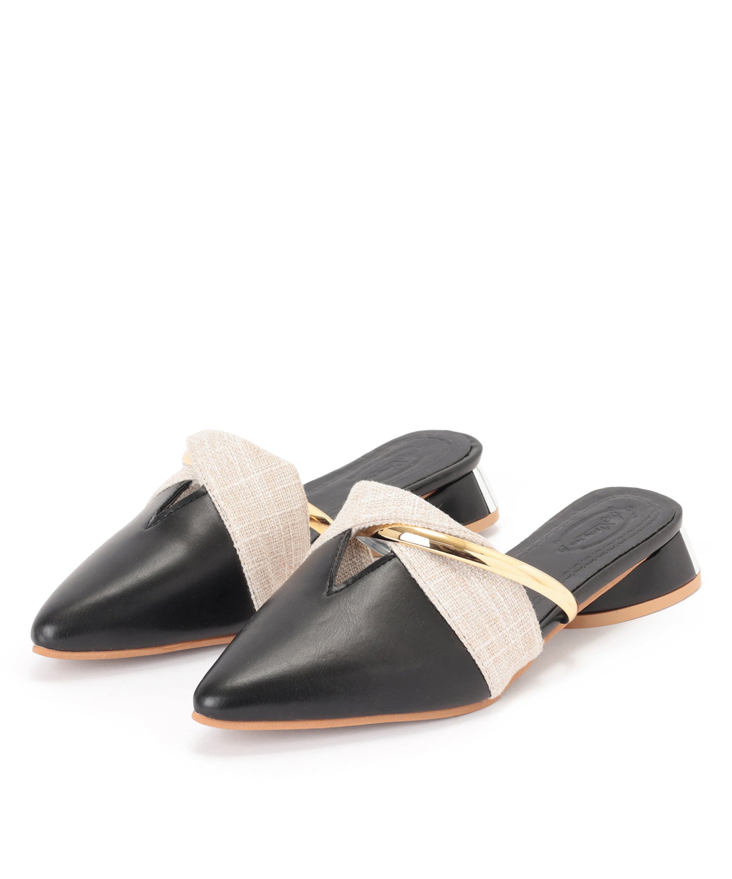 異素材 配色 メタルストラップ ポインテッドトゥ ミュール サンダル