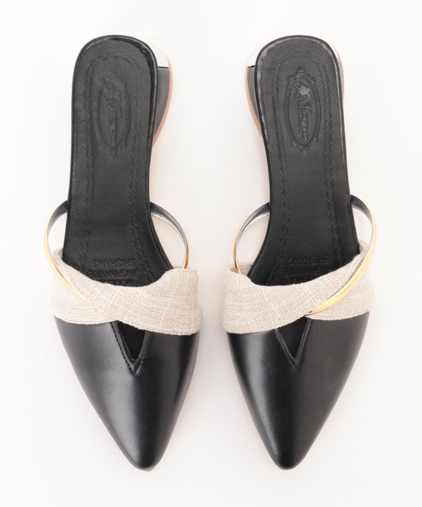 異素材 配色 メタルストラップ ポインテッドトゥ ミュール サンダル