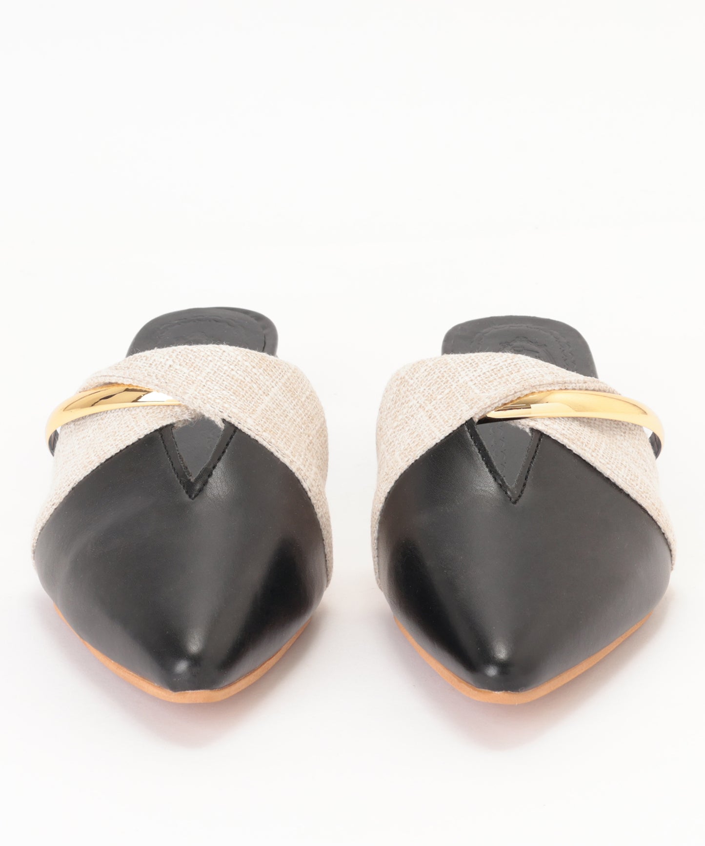 異素材 配色 メタルストラップ ポインテッドトゥ ミュール サンダル