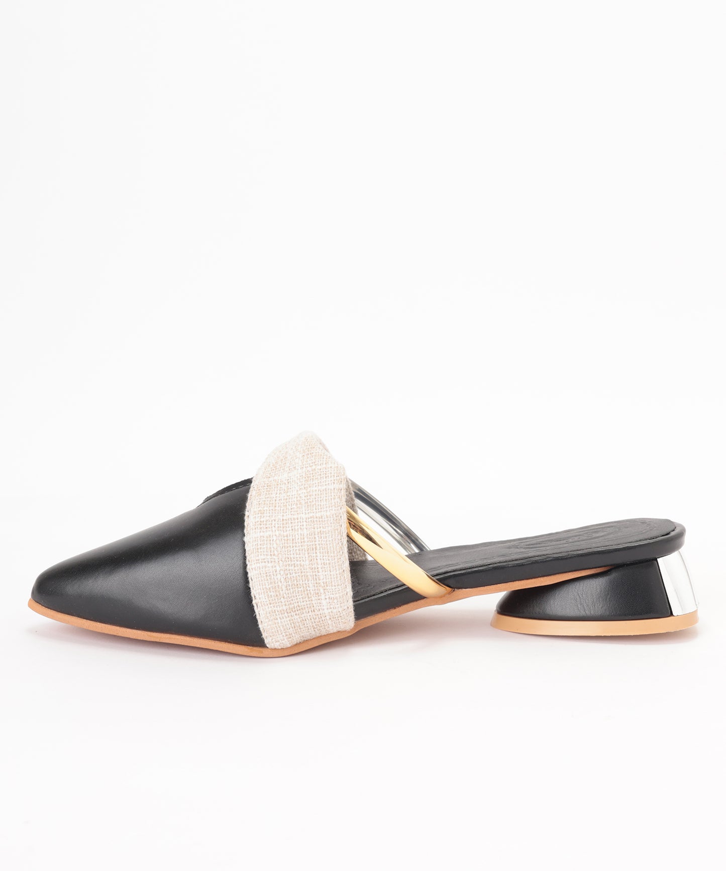 異素材 配色 メタルストラップ ポインテッドトゥ ミュール サンダル