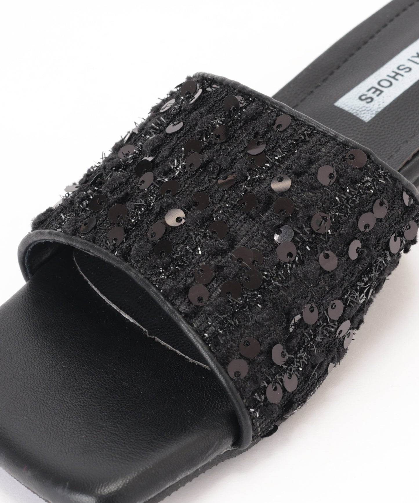 スパンコール ナロー スクエアトゥ ローヒール ミュール サンダル