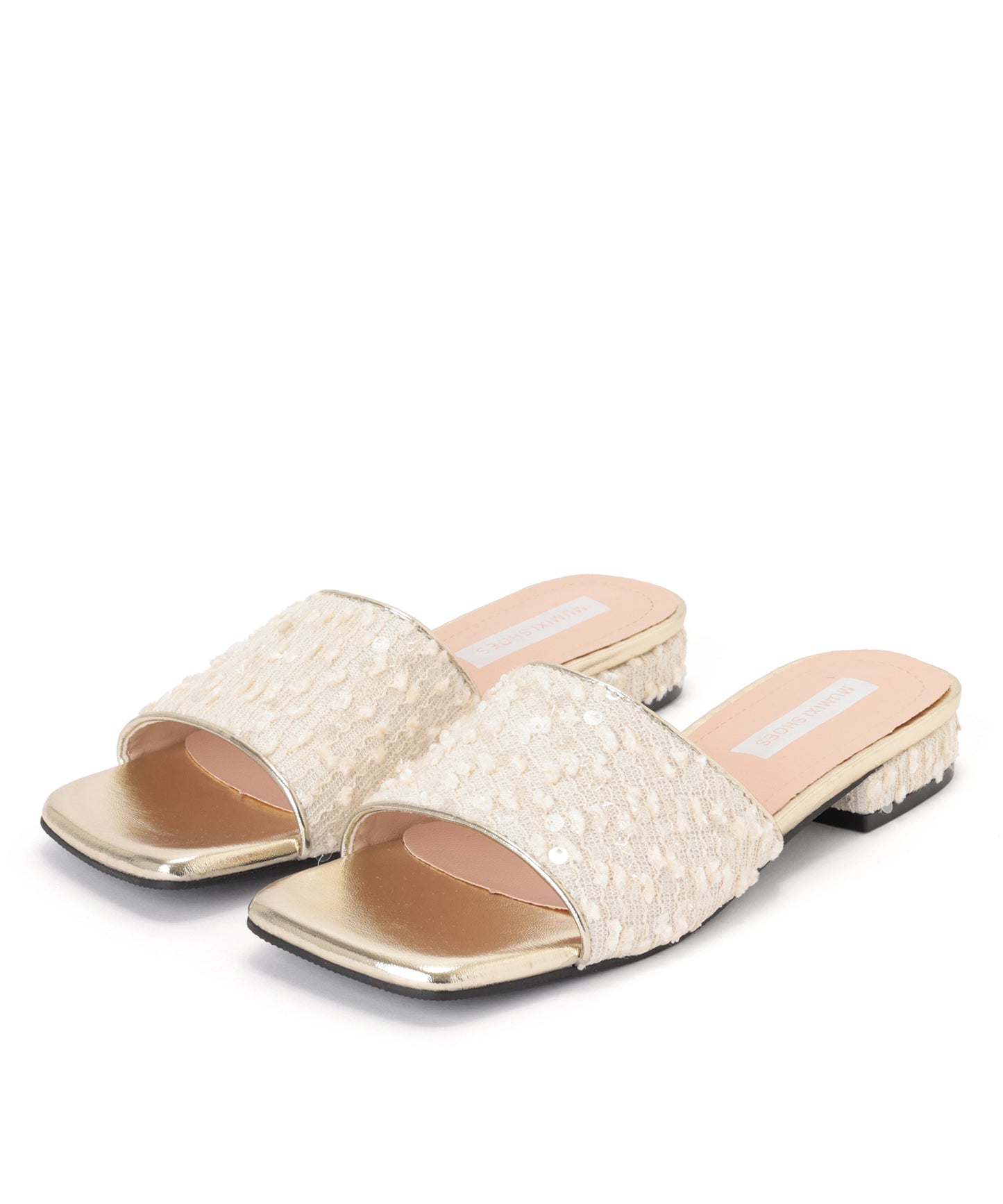 スパンコール ナロー スクエアトゥ ローヒール ミュール サンダル