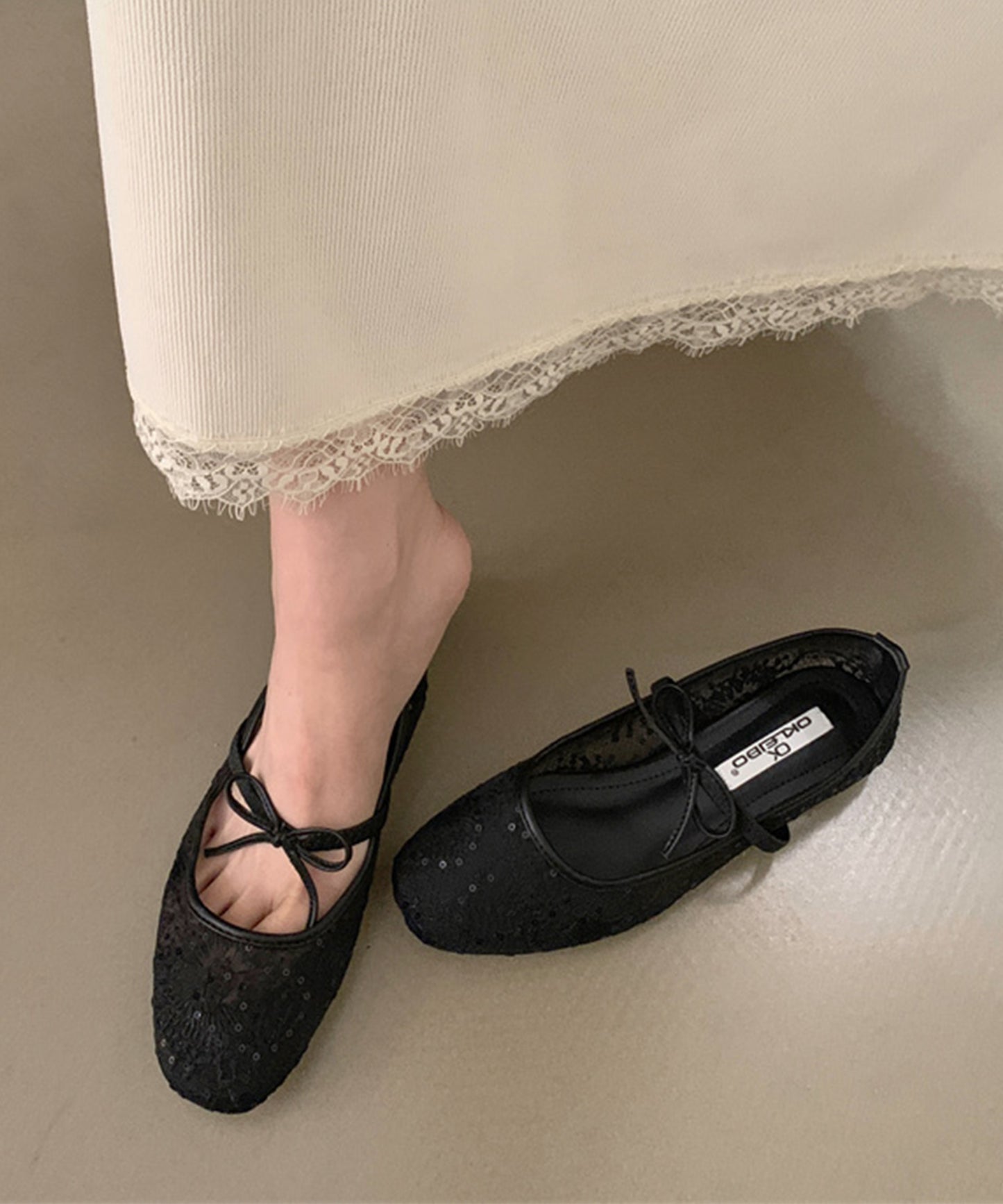 シアー 刺繍 リボンストラップ フラット バレエシューズ サンダル